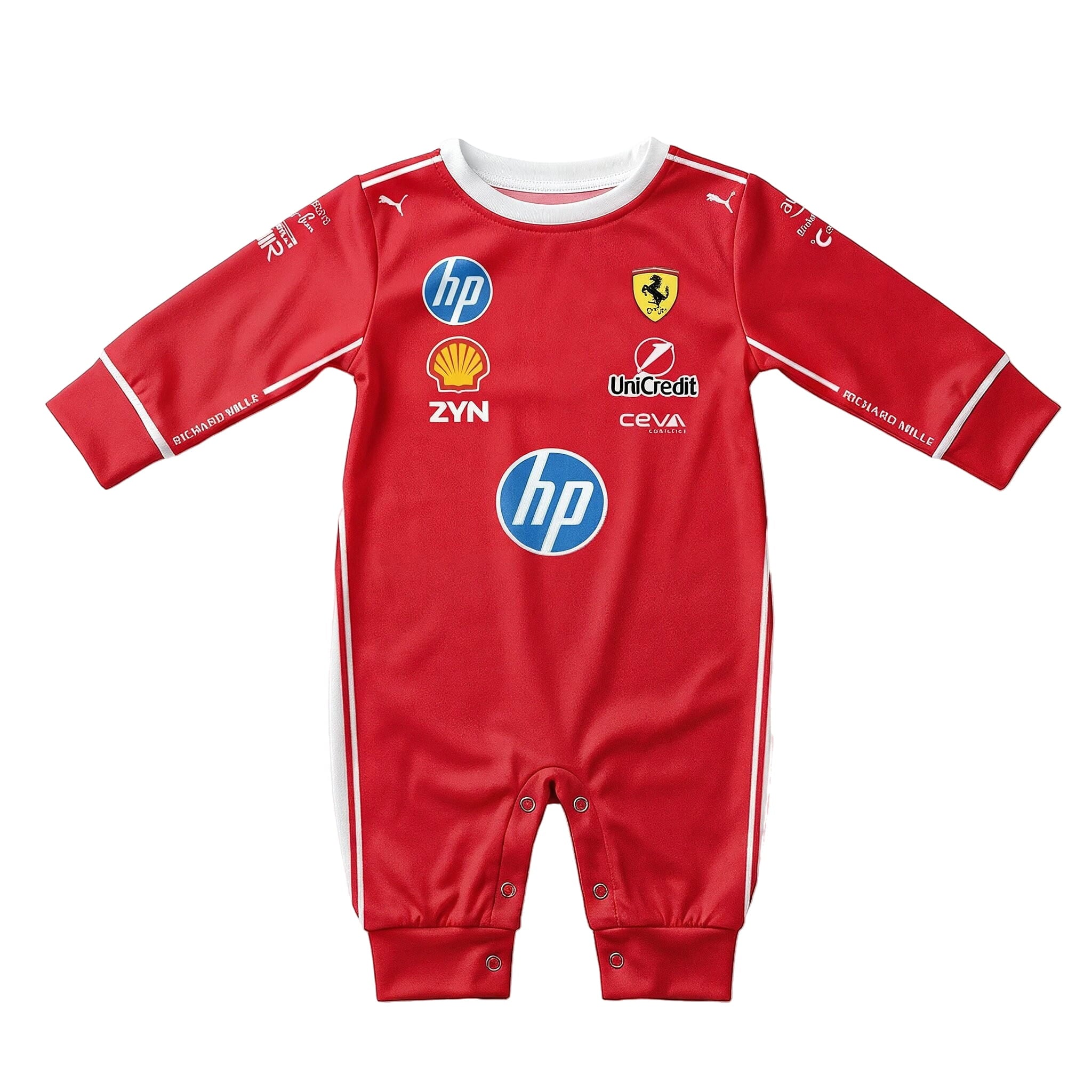 Ferrari Inspired Longsleeve Jumpsuit - New Season 2026 - 2026 ferrari f1 baby onesie flat front | Dash Racegear