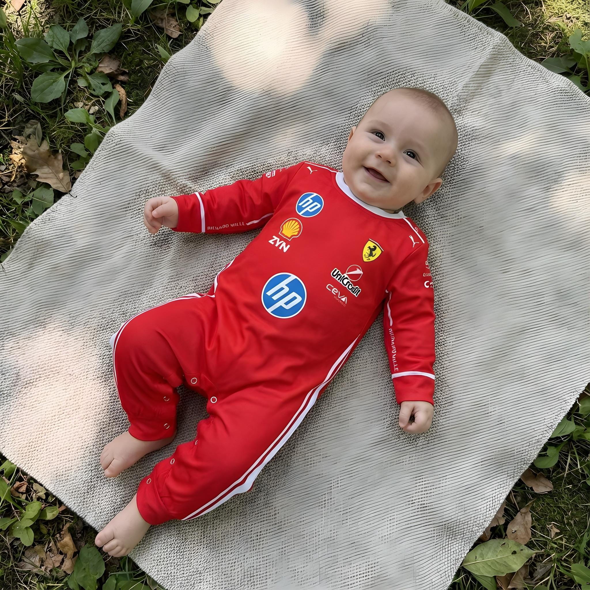 Ferrari Inspired Longsleeve Jumpsuit - New Season 2026 - infant wearing a 2026 ferrari f1 baby onesie outdoors | Dash Racegear