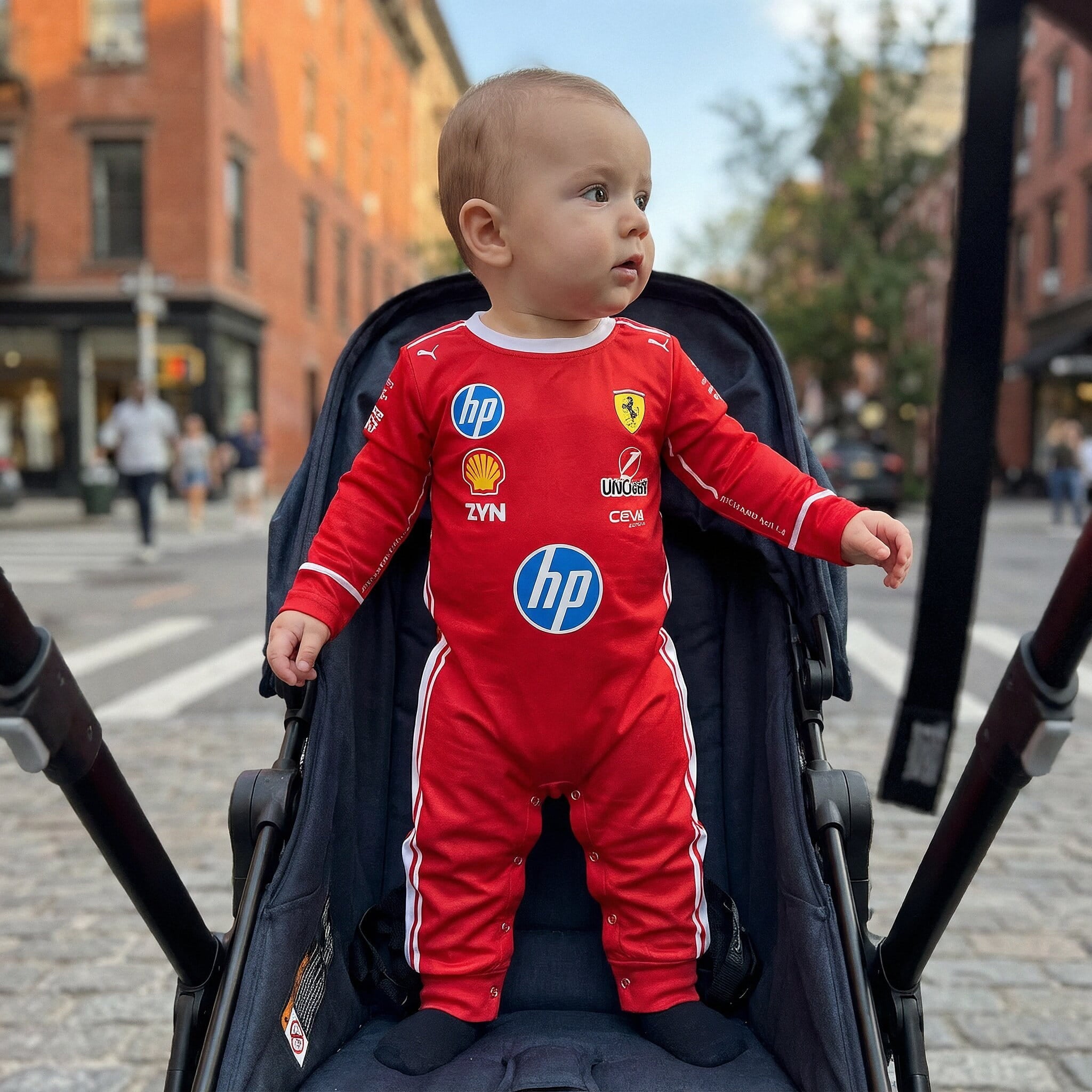 Ferrari Inspired Longsleeve Jumpsuit - New Season 2026 - toddler wearing ferrari f1 jumpsuit in stroller | Dash Racegear