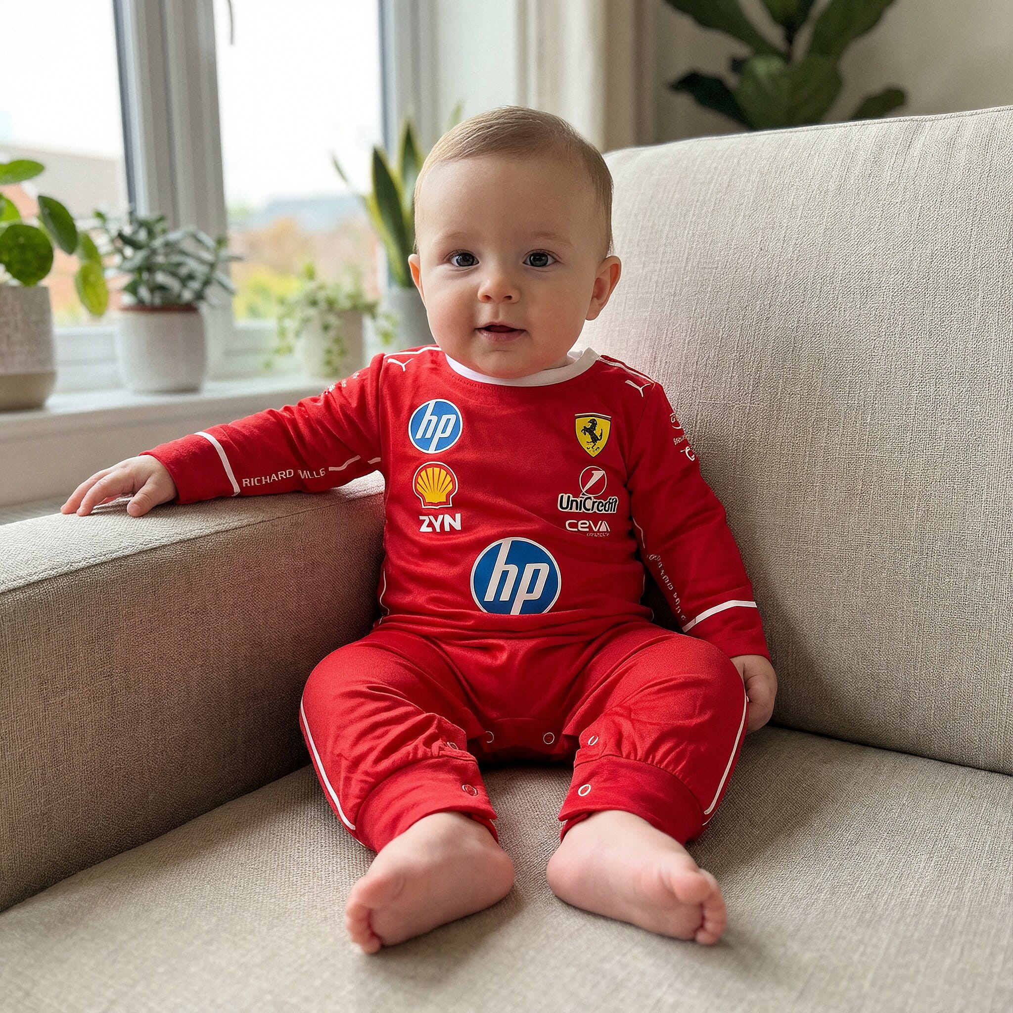 Ferrari Inspired Longsleeve Jumpsuit - New Season 2026 - baby sitting on couch wearing ferrari baby onesie | Dash Racegear