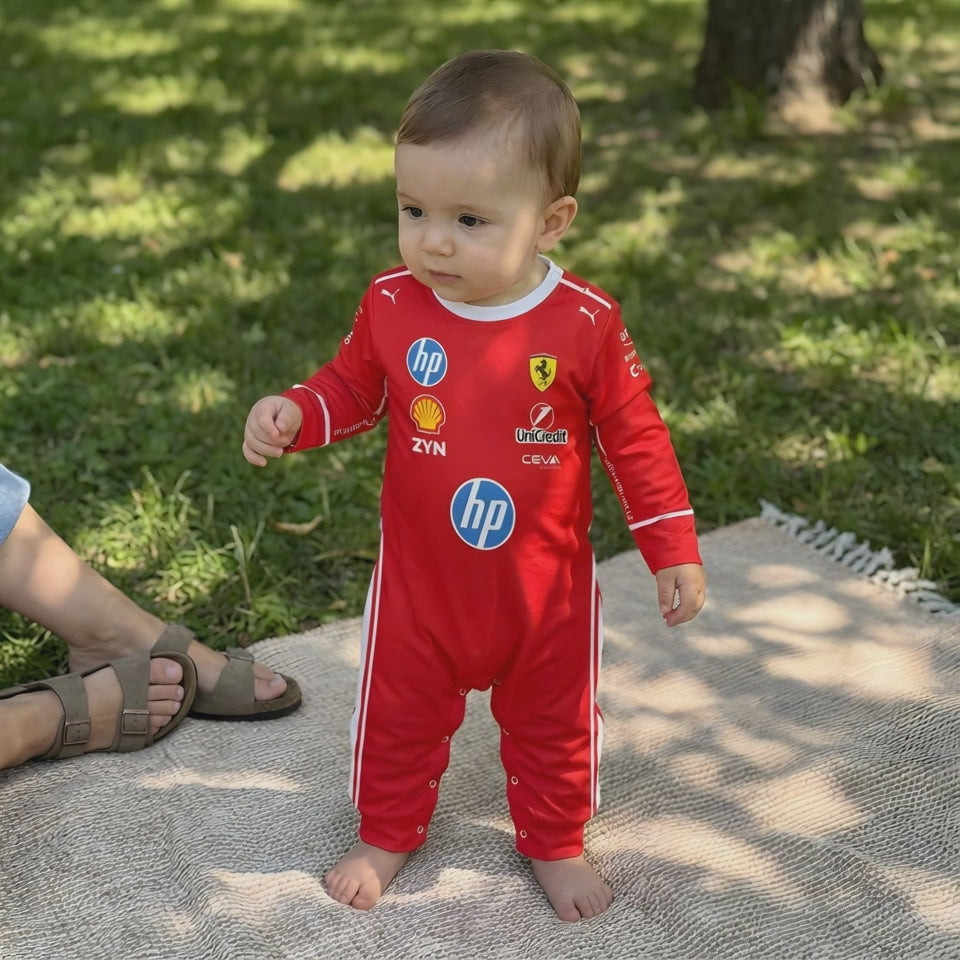 Ferrari Inspired Longsleeve Jumpsuit - New Season 2026 - video of a baby outdoors wearing a ferrari baby onesie | Dash Racegear