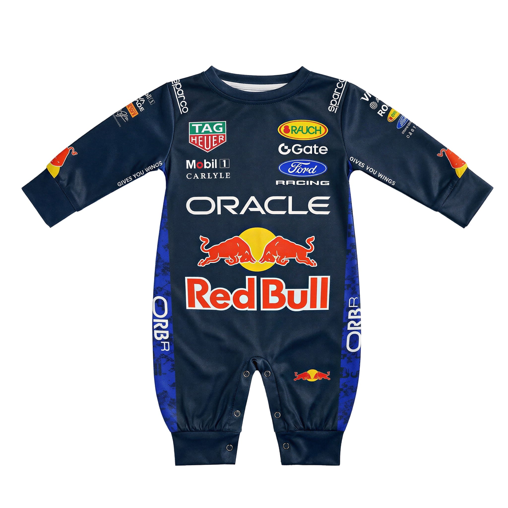 Red Bull Longsleeve Onesie Jumpsuit - 2026  New Season - 2026 Red Bull Racing new season baby onesie front view | Dash Racegear