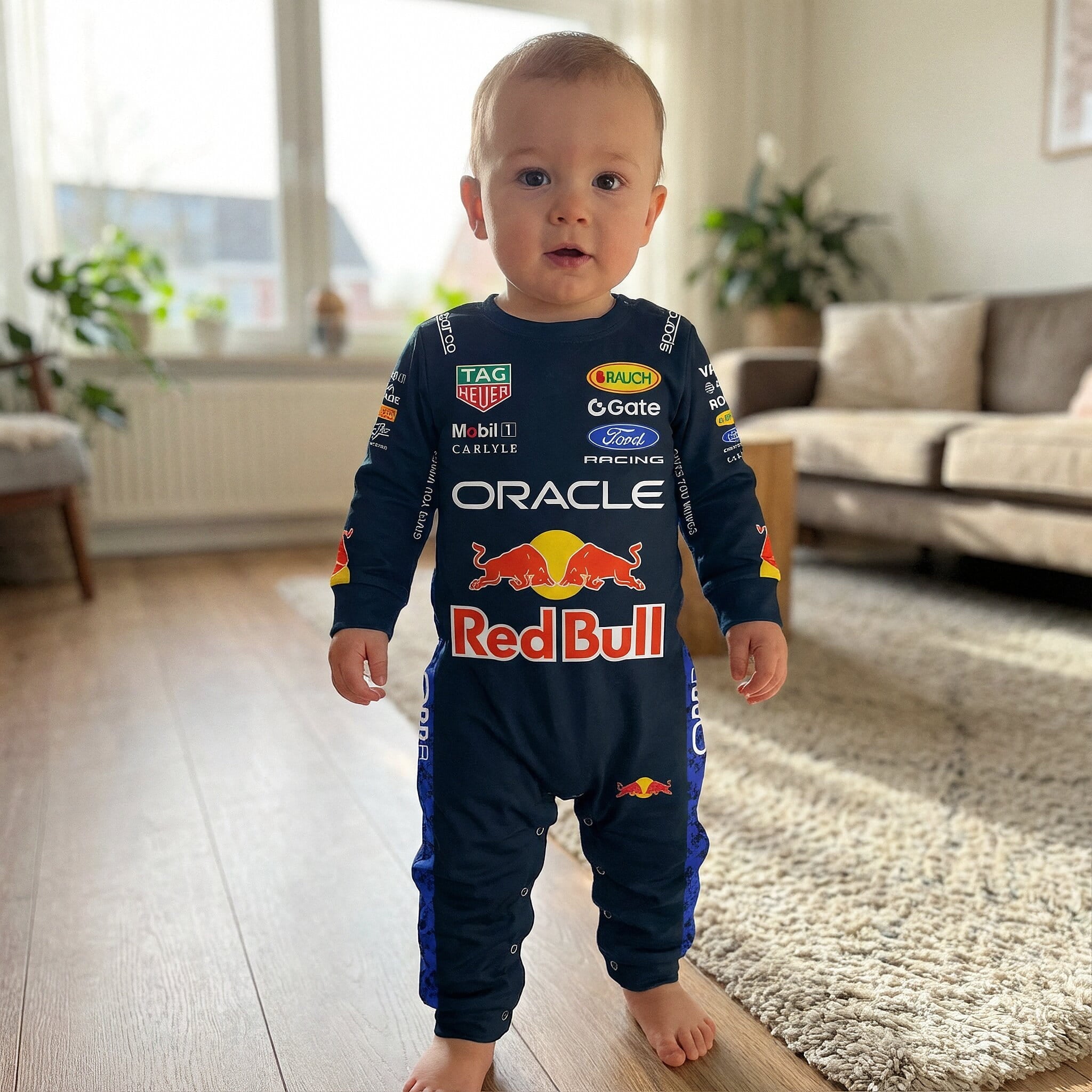 Red Bull Longsleeve Onesie Jumpsuit - 2026  New Season - toddler wearing 2026 Red Bull F1 bodysuit standing | Dash Racegear