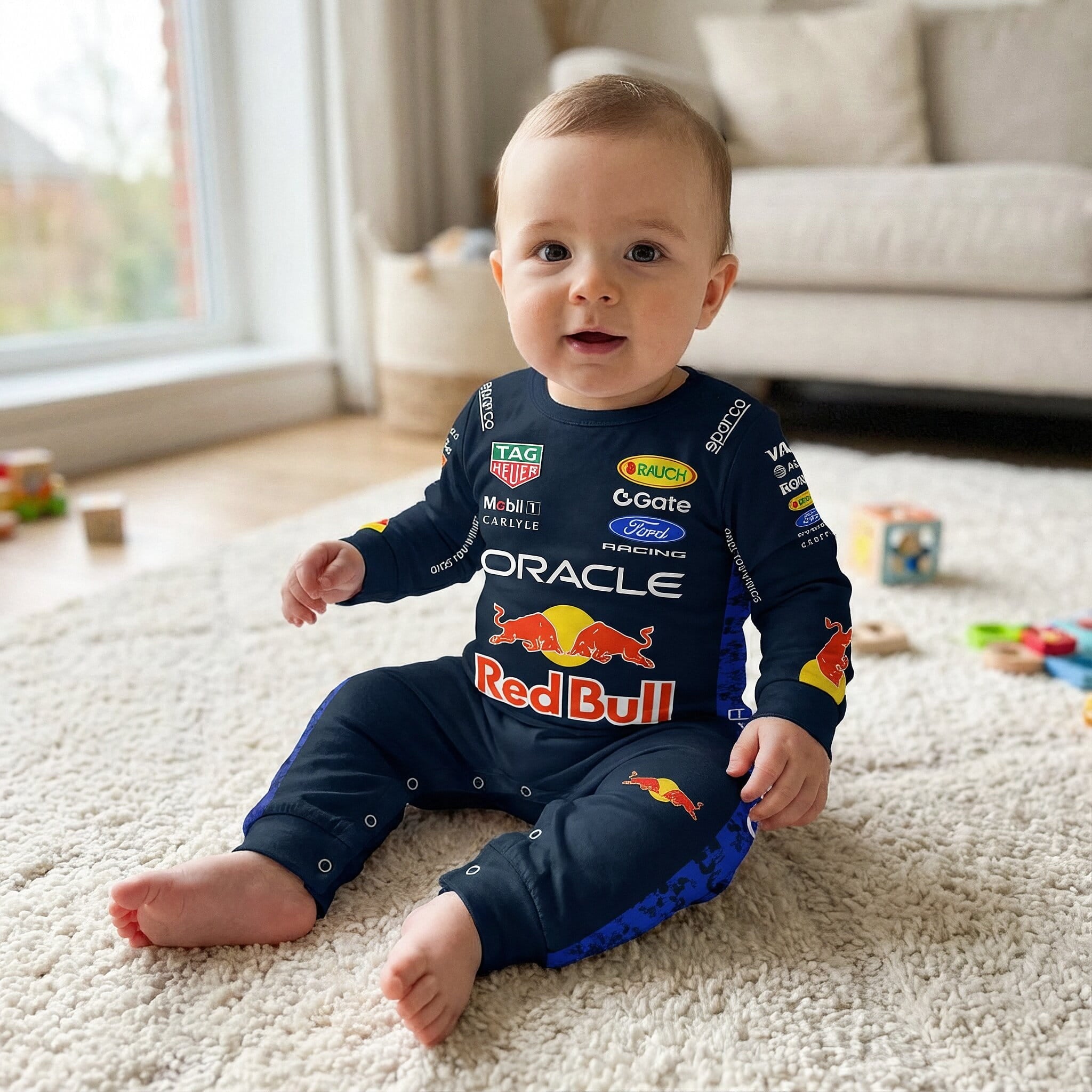 Red Bull Longsleeve Onesie Jumpsuit - 2026  New Season - infant sitting on the floor wearing a 2026 red bull racing formula one baby bodysuit | Dash Racegear