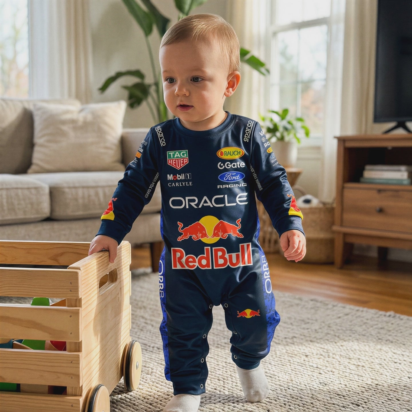 Red Bull Longsleeve Onesie Jumpsuit - 2026  New Season - video of a baby walking while wearing a 2026 red bull racing formula one baby onesie | Dash Racegear