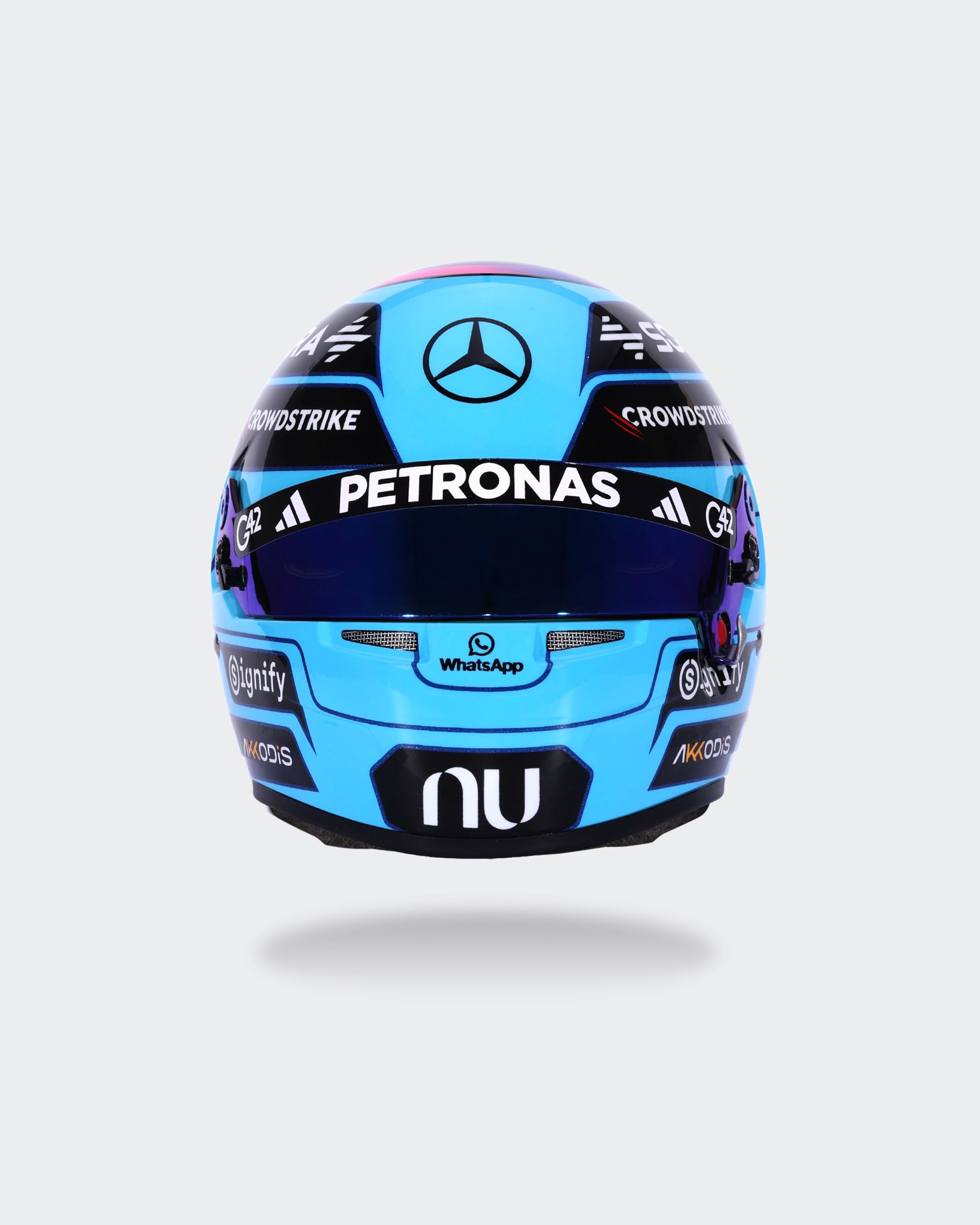 George Russell 2026 Mini Bell Helmet Replica 1:2 — close-up design detail showing Mercedes-AMG PETRONAS F1 styling and product details | Dash Racegear