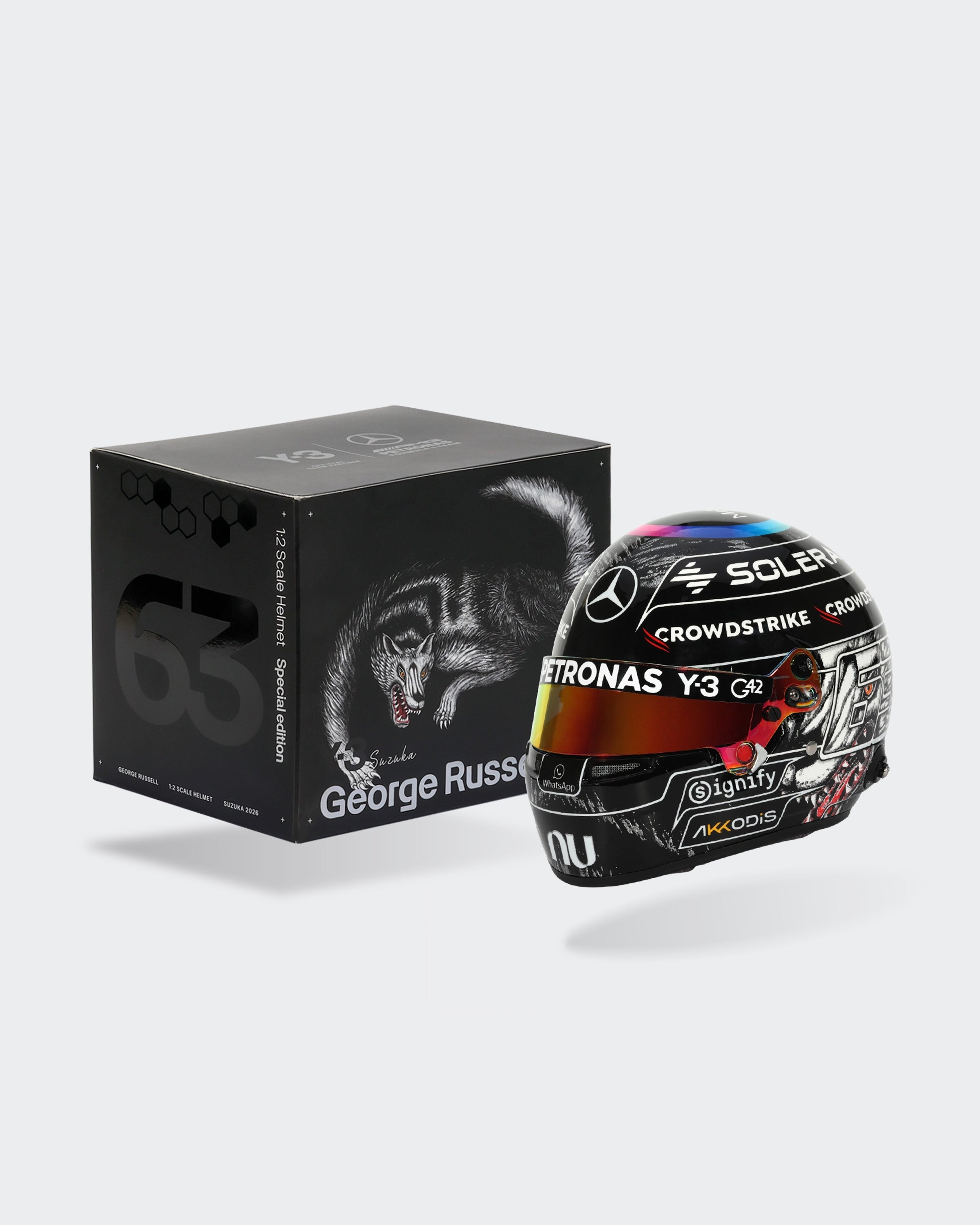 George Russell 2026 Japan Mini Bell Helmet Replica 1:2 — alternate product angle showing Mercedes-AMG PETRONAS F1 styling and product details | Dash Racegear