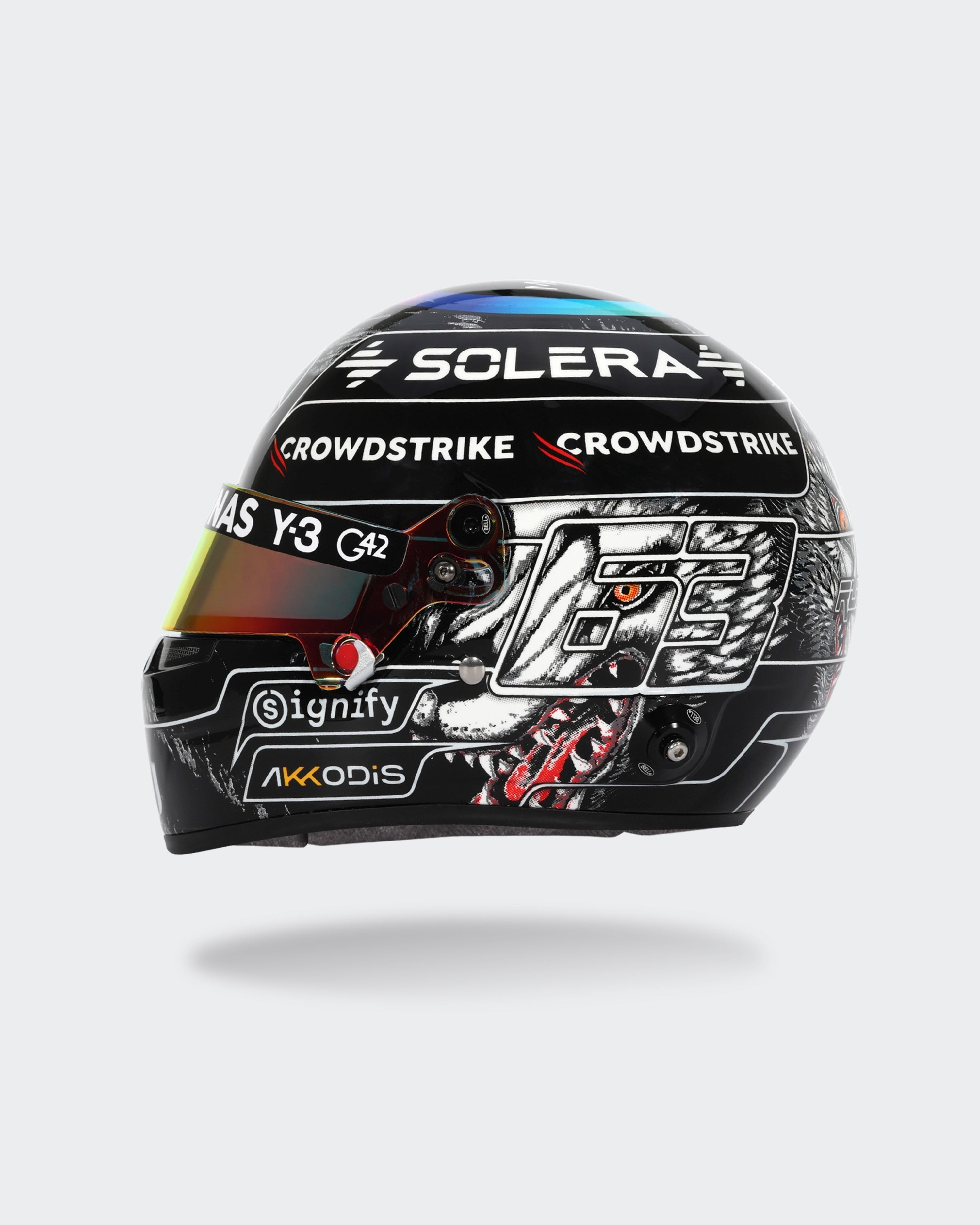 George Russell 2026 Japan Mini Bell Helmet Replica 1:2 — close-up design detail showing Mercedes-AMG PETRONAS F1 styling and product details | Dash Racegear