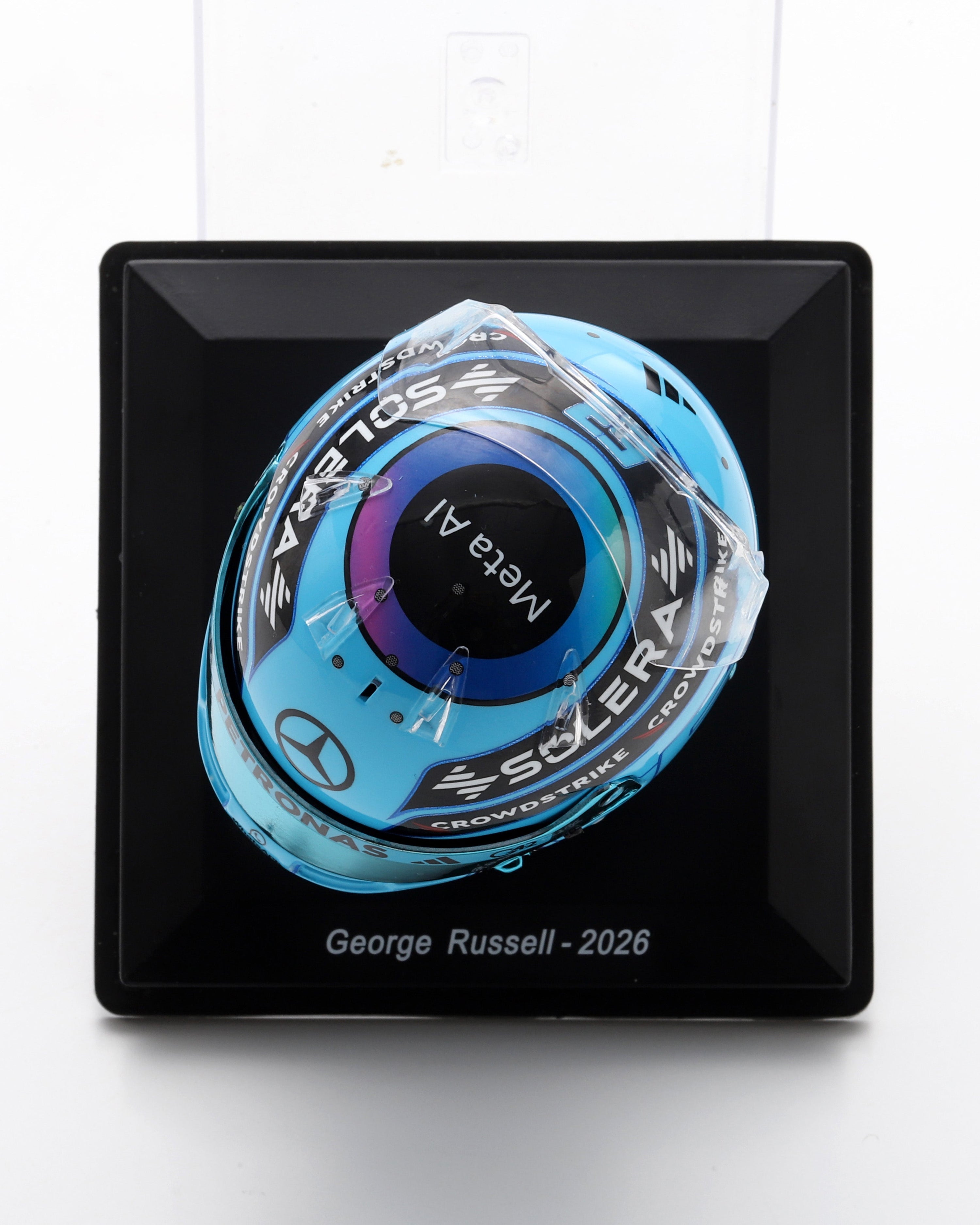 George Russell 2026 Sparks Helmet 1:5 — close-up design detail showing Mercedes-AMG PETRONAS F1 styling and product details | Dash Racegear