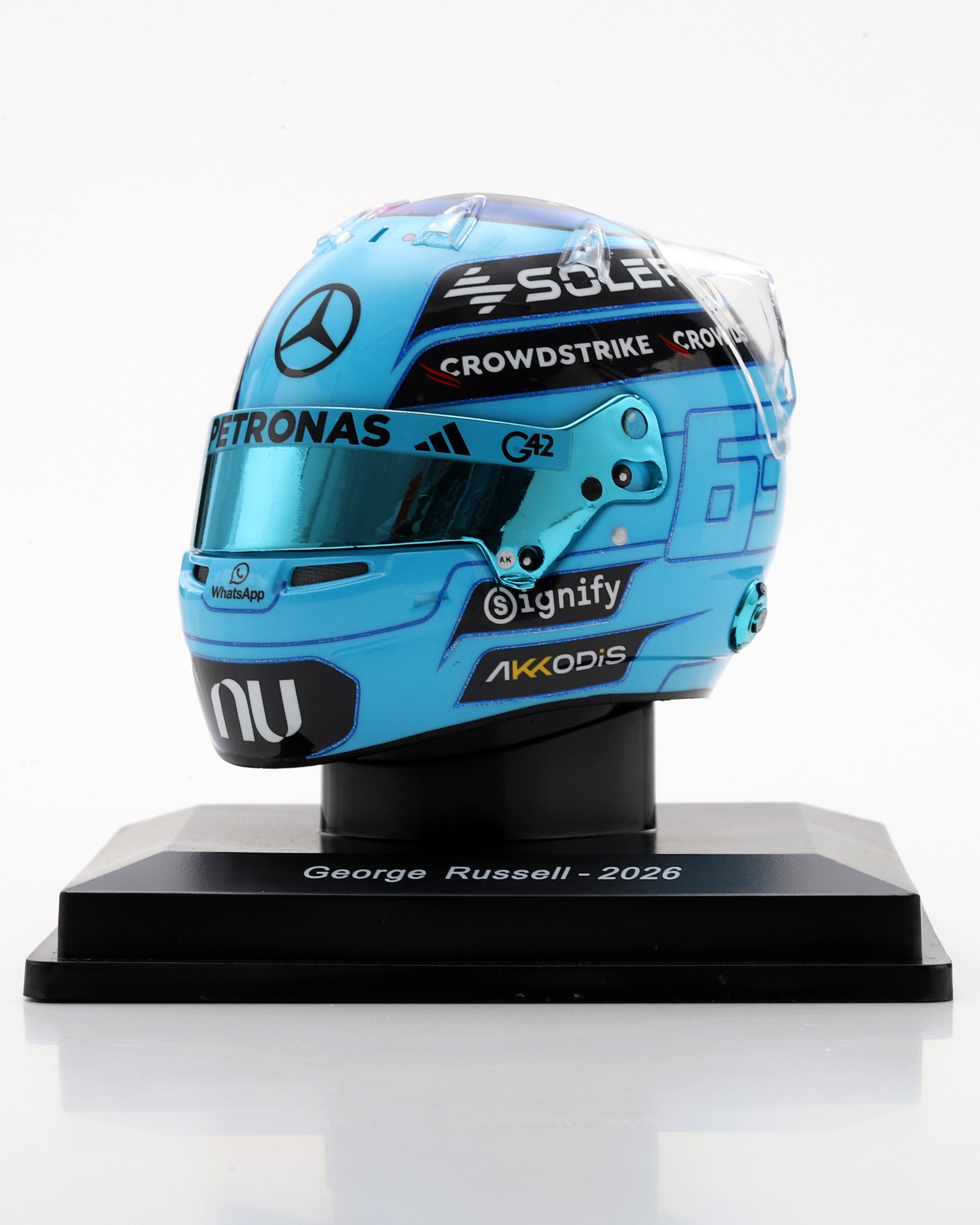 George Russell 2026 Sparks Helmet 1:5 — alternate product angle showing Mercedes-AMG PETRONAS F1 styling and product details | Dash Racegear