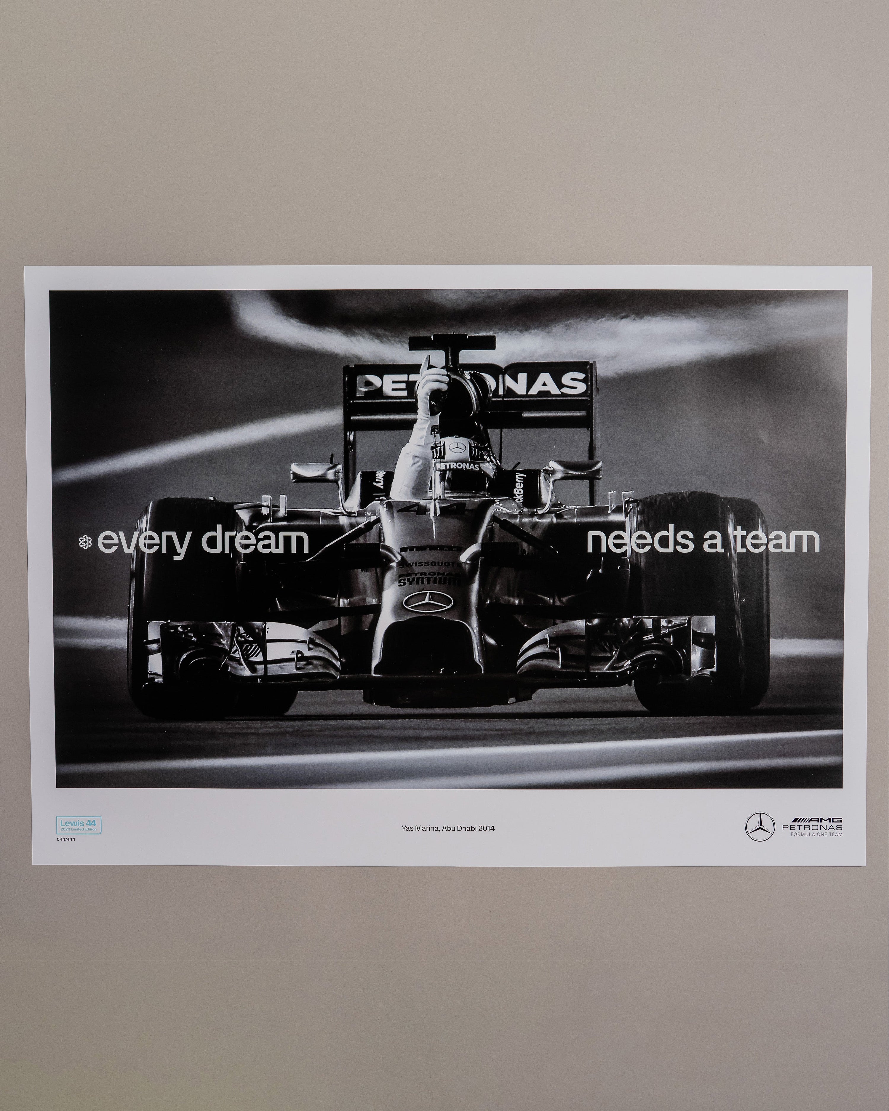 Every Dream Needs a Team Yas Marina 2014 Poster — close-up design detail showing Mercedes-AMG PETRONAS F1 styling and product details | Dash Racegear