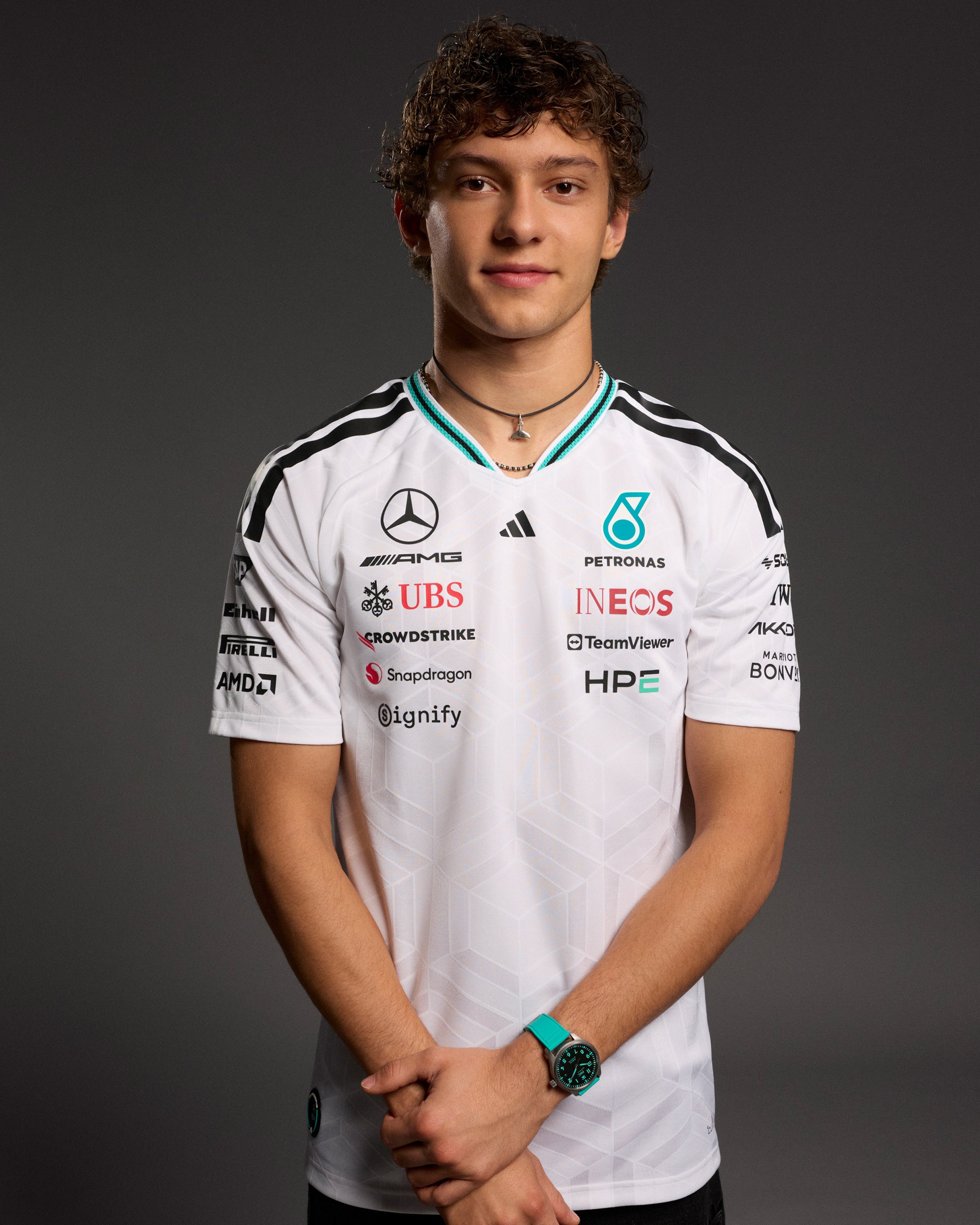 Mens 2026 Authentic Driver Tee White — alternate product angle showing Mercedes-AMG PETRONAS F1 styling and product details | Dash Racegear