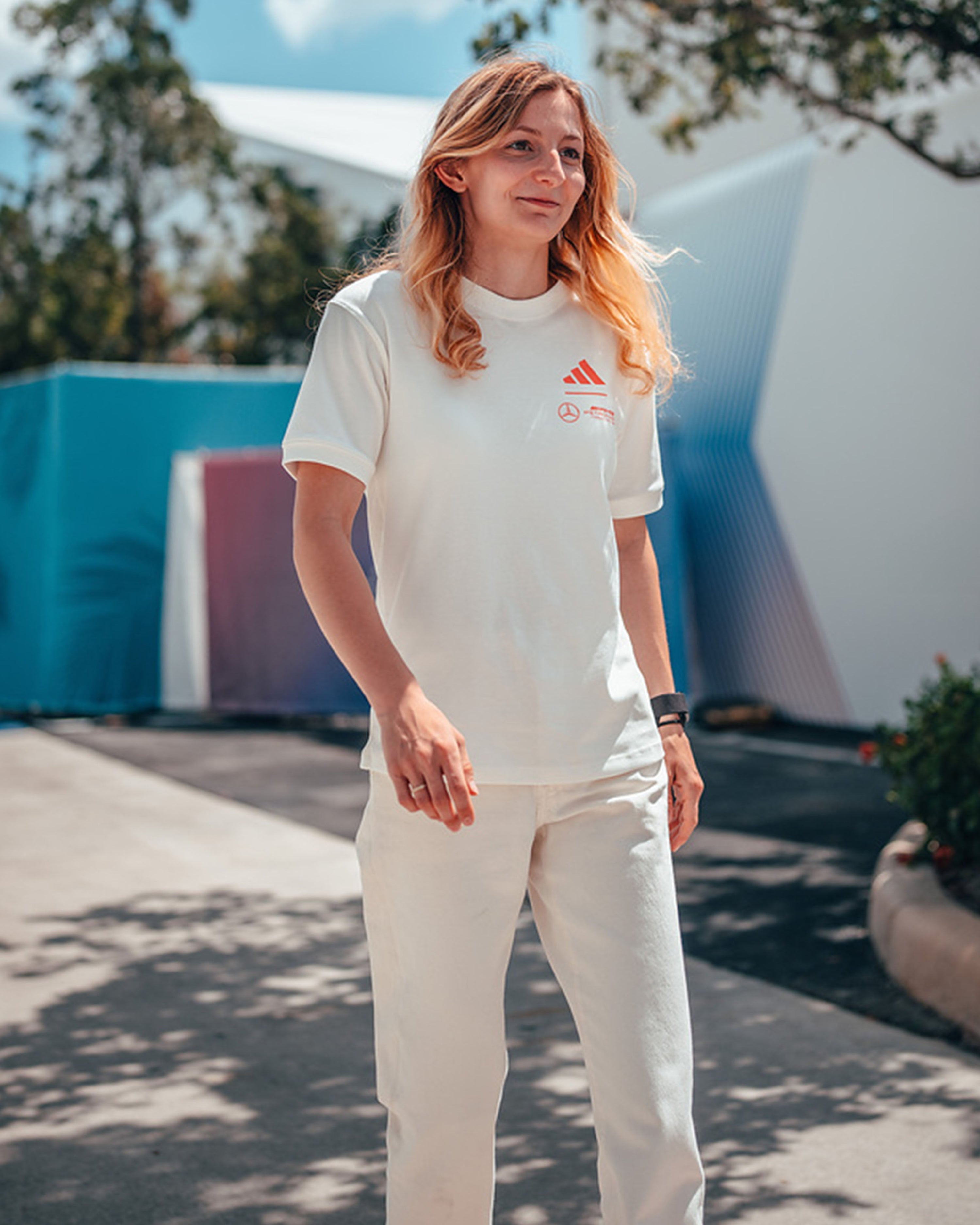 Womens Miami T-shirt White — alternate product angle showing Mercedes-AMG PETRONAS F1 styling and product details | Dash Racegear