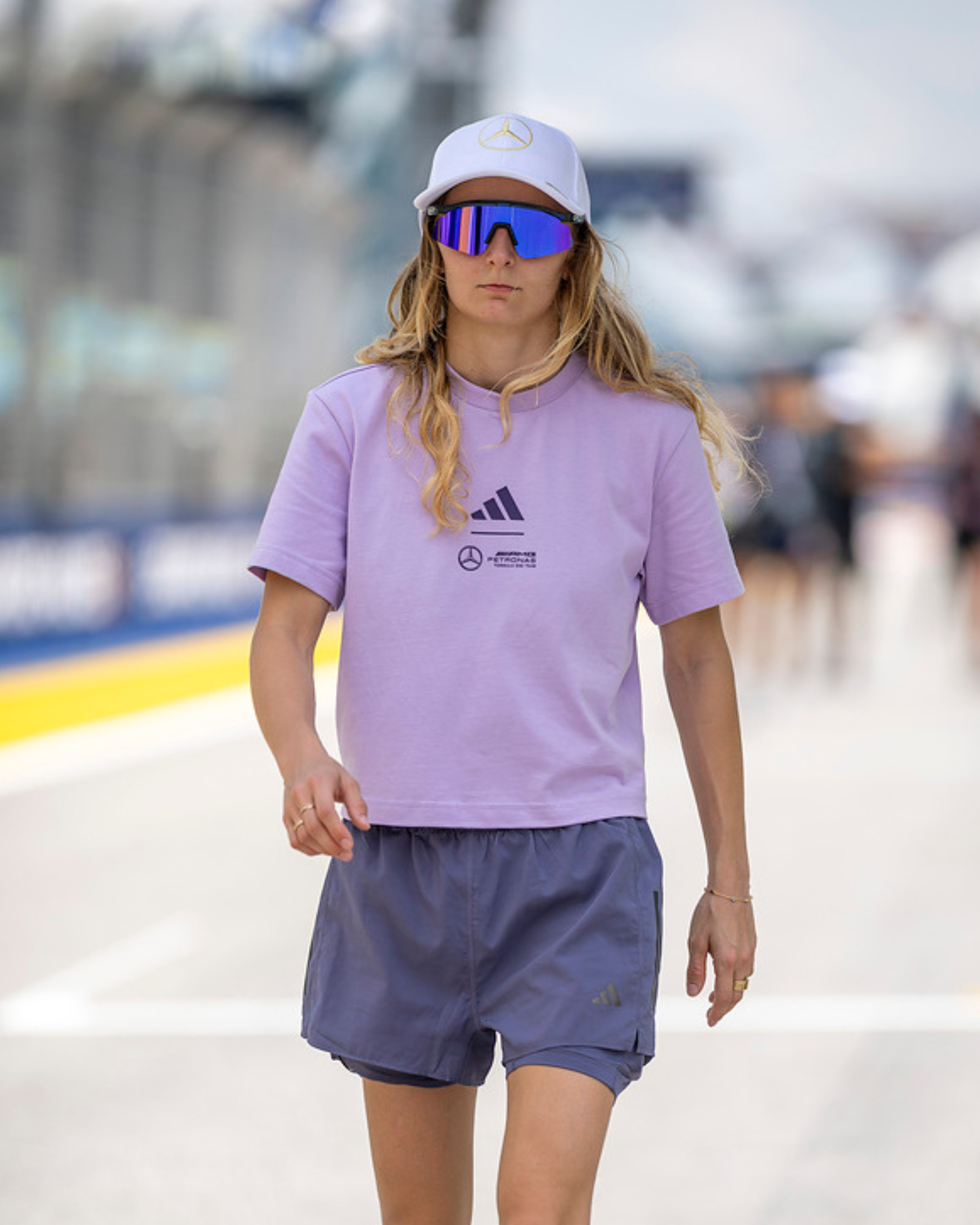 Womens Premium Woven Crop T-shirt Purple — primary product view showing Mercedes-AMG PETRONAS F1 styling and product details | Dash Racegear