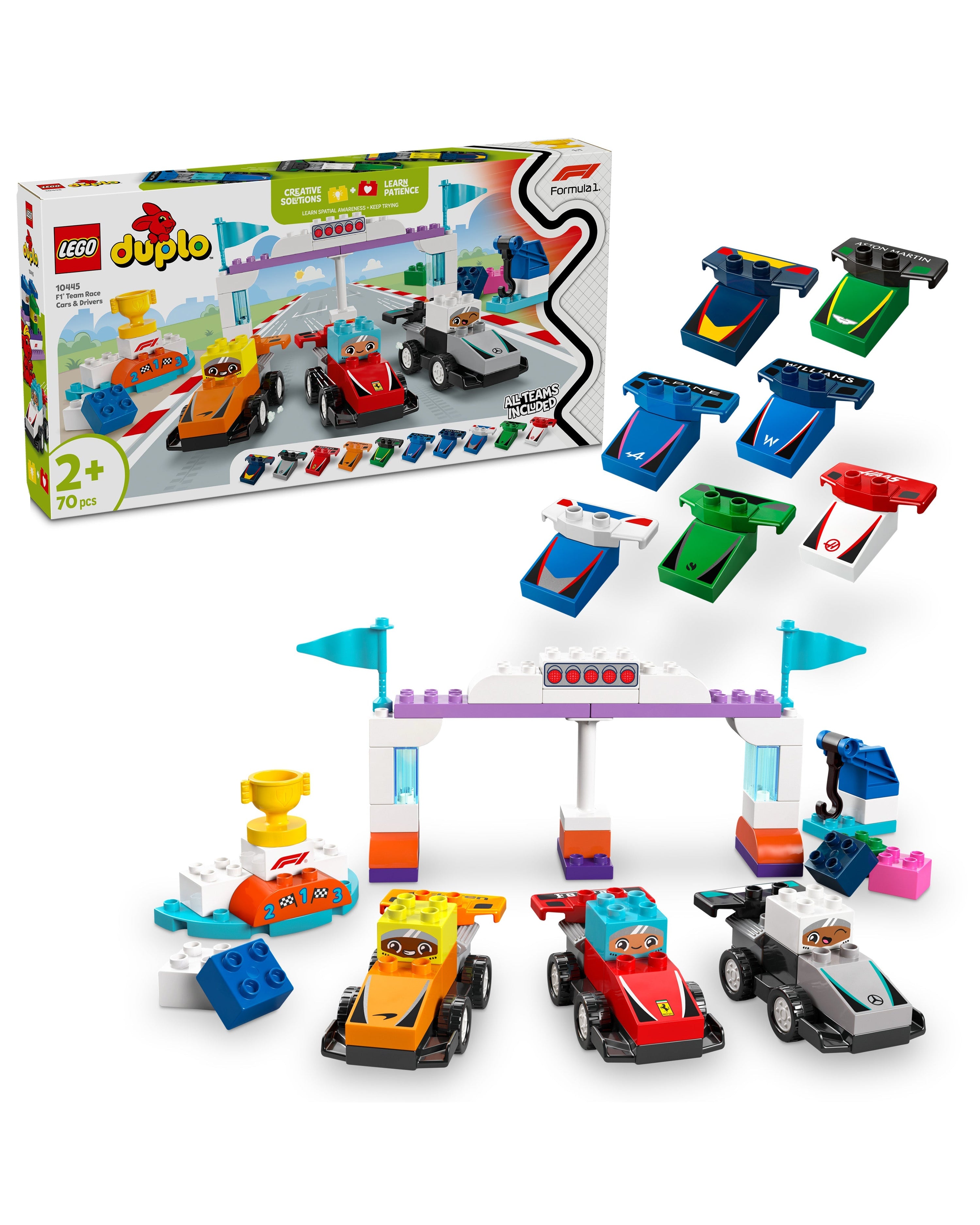 LEGO® DUPLO Town F1 Team Race Cars & Drivers — primary product view showing Mercedes-AMG PETRONAS F1 styling and product details | Dash Racegear