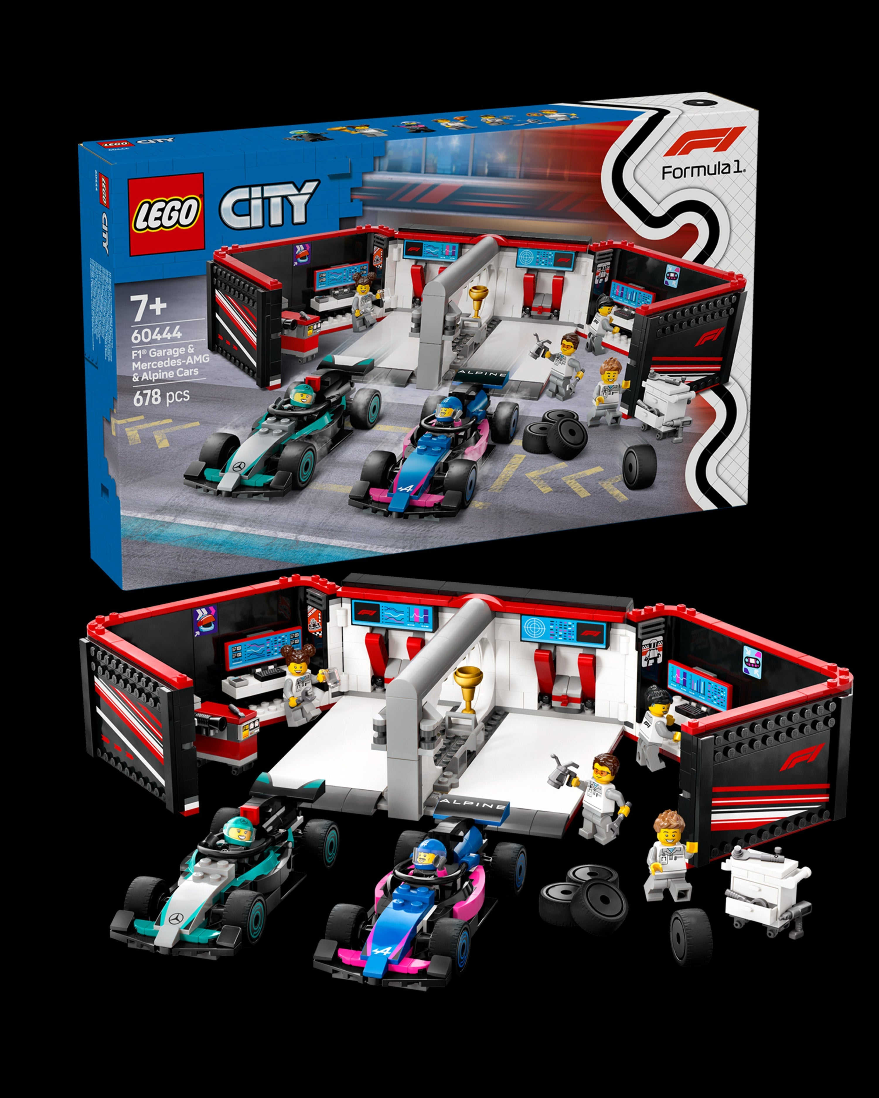 LEGO® City F1 Garage & Mercedes-AMG & Alpine Cars — close-up design detail showing Mercedes-AMG PETRONAS F1 styling and product details | Dash Racegear