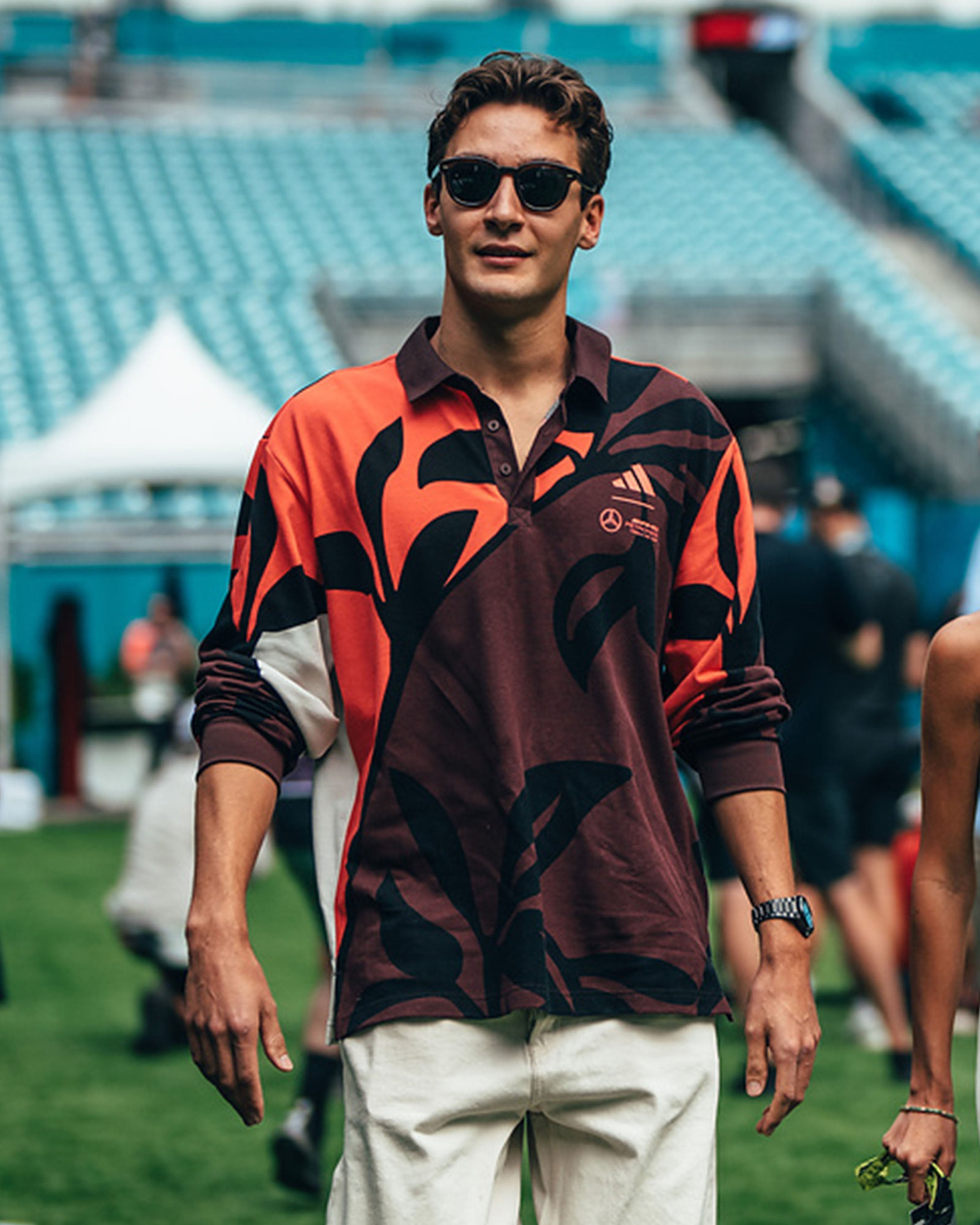 Mens Miami Long Sleeve Polo Floral — primary product view showing Mercedes-AMG PETRONAS F1 styling and product details | Dash Racegear