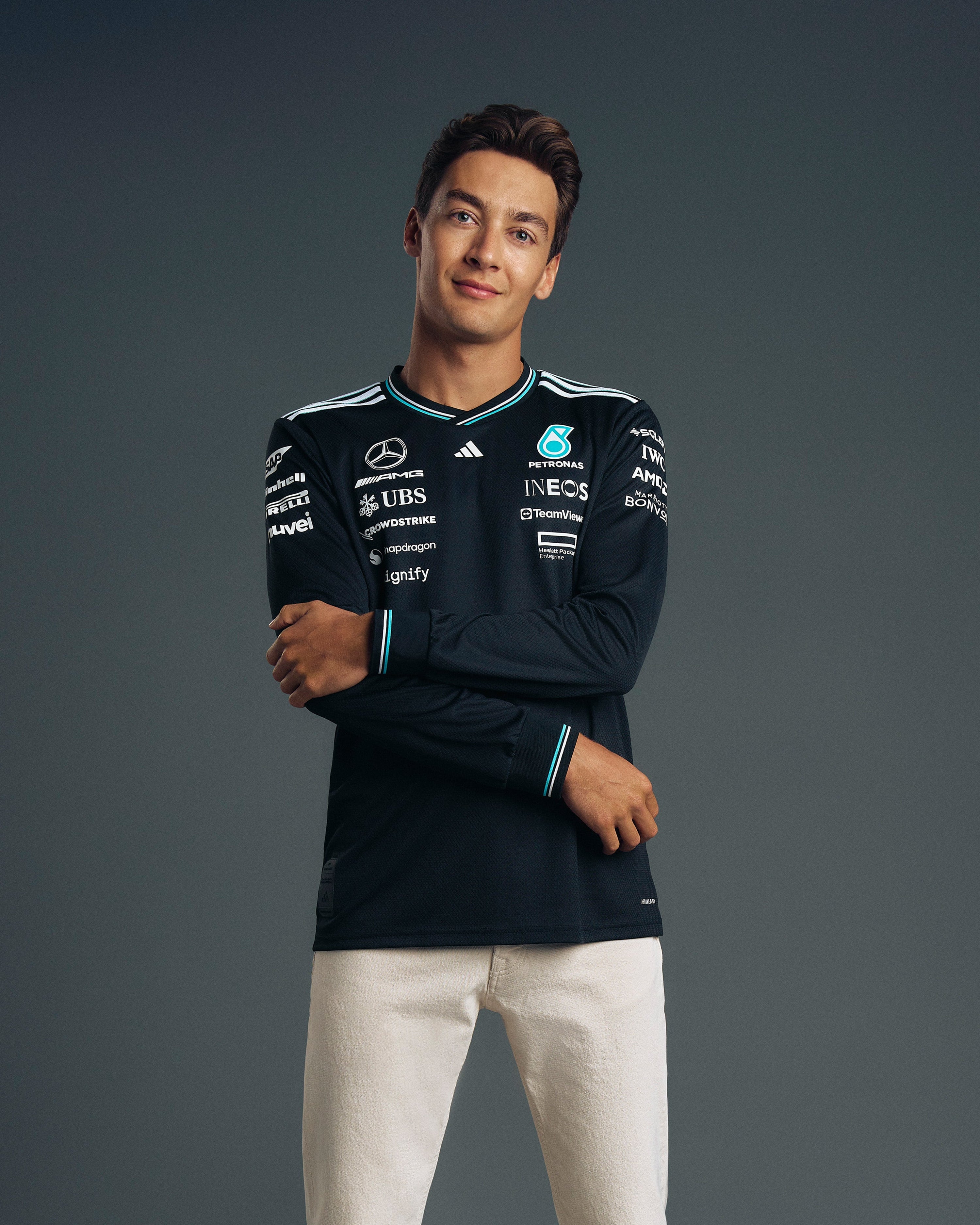Mens 2025 Authentic Long Sleeve Driver Tee Black — primary product view showing Mercedes-AMG PETRONAS F1 styling and product details | Dash Racegear