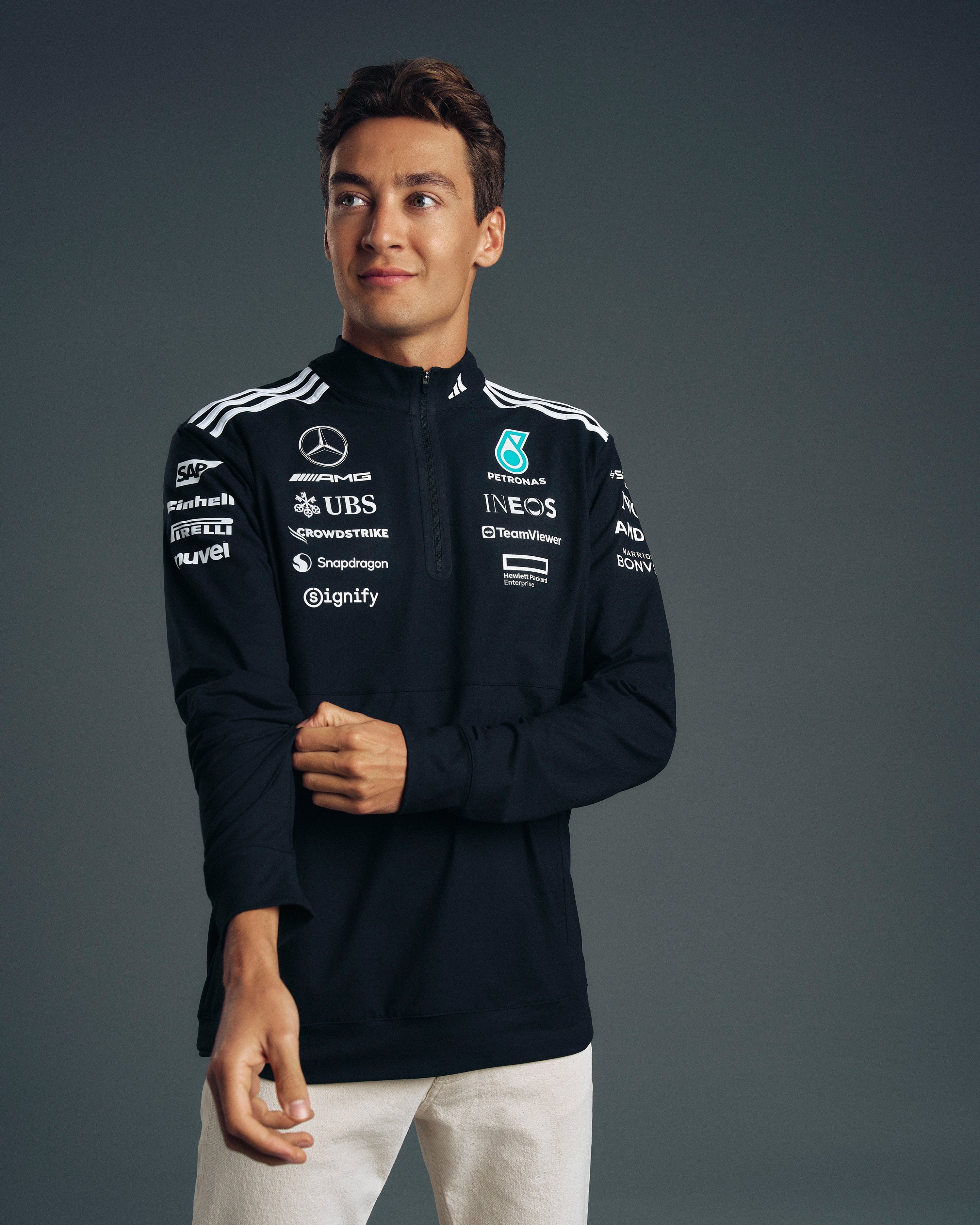 Mens 2025 Team Quarter Zip Black — primary product view showing Mercedes-AMG PETRONAS F1 styling and product details | Dash Racegear