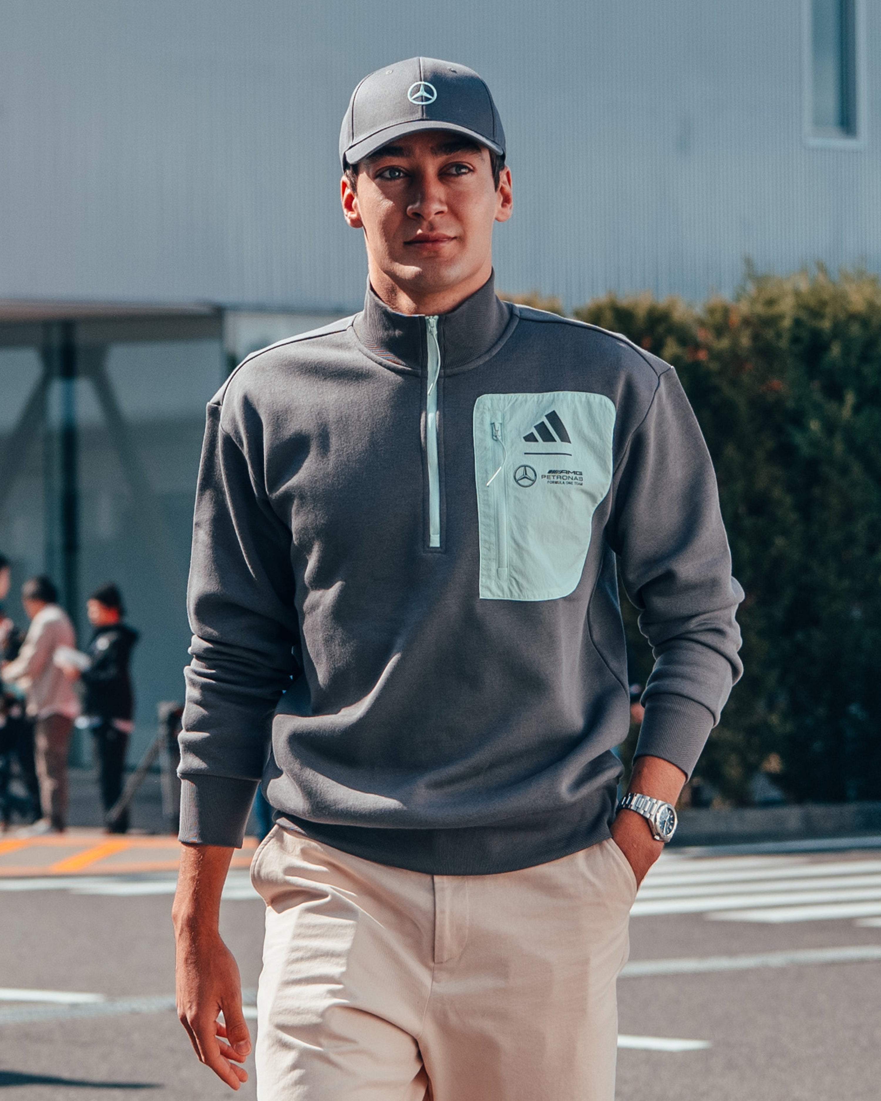 Mens Premium Woven Fleece Top Grey — primary product view showing Mercedes-AMG PETRONAS F1 styling and product details | Dash Racegear