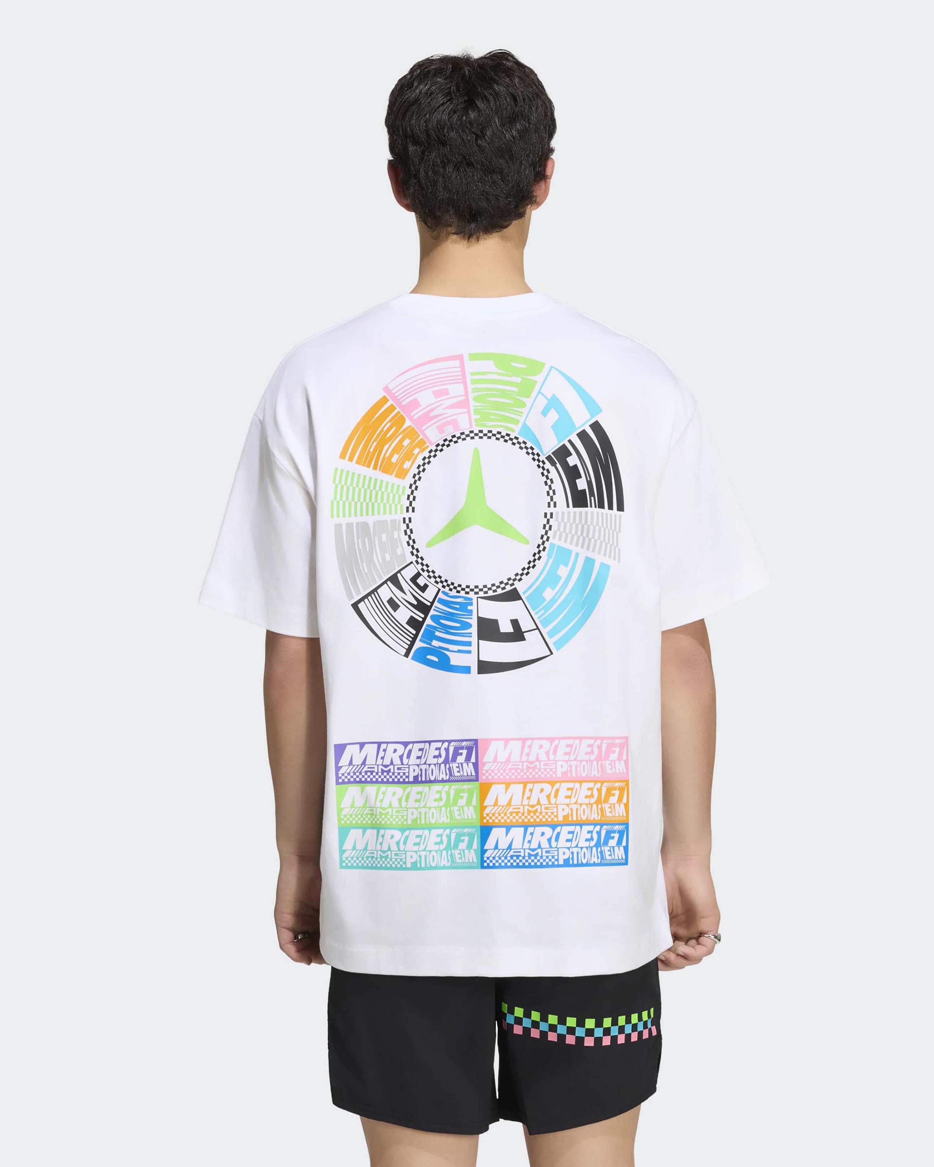 Unisex Lights On T-shirt White — close-up design detail showing Mercedes-AMG PETRONAS F1 styling and product details | Dash Racegear