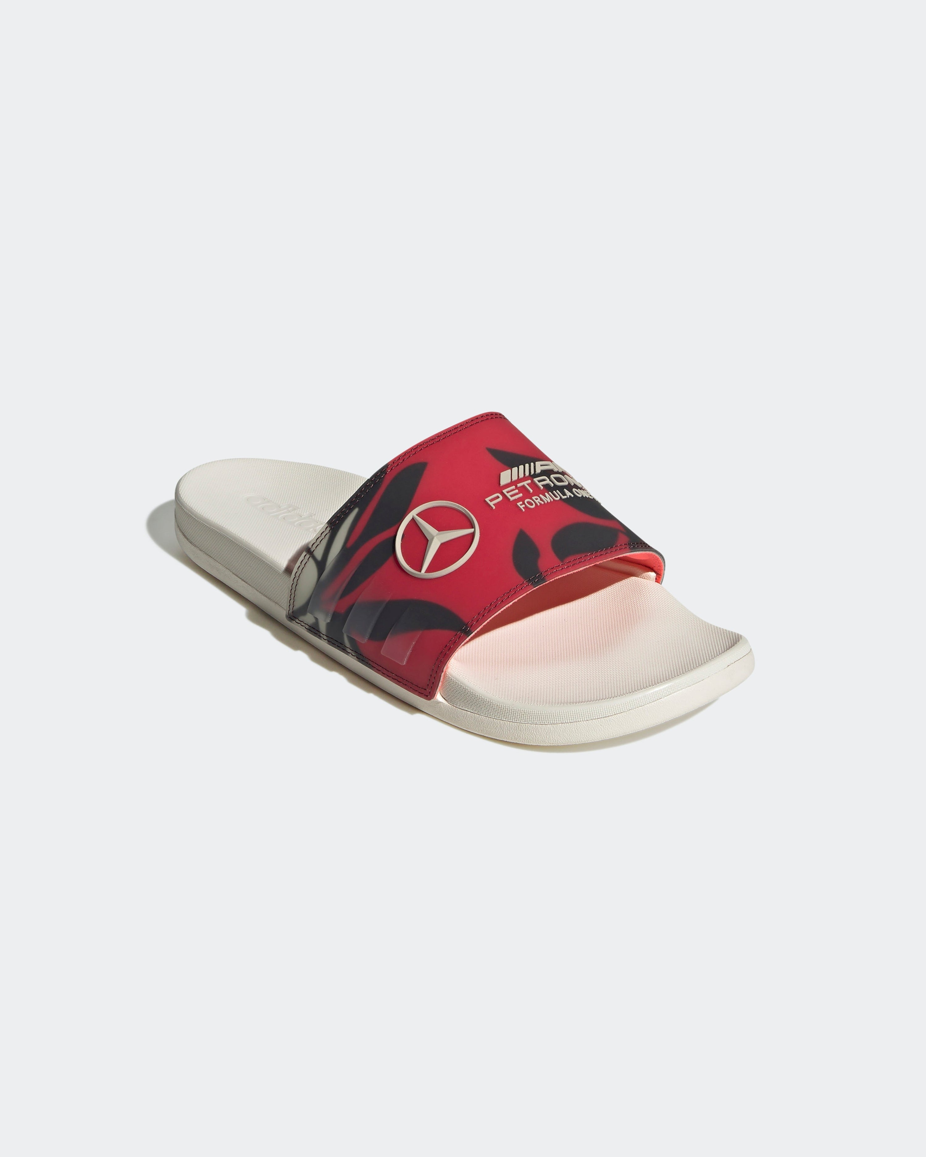 Adilette Comfort Slides Floral — close-up design detail showing Mercedes-AMG PETRONAS F1 styling and product details | Dash Racegear