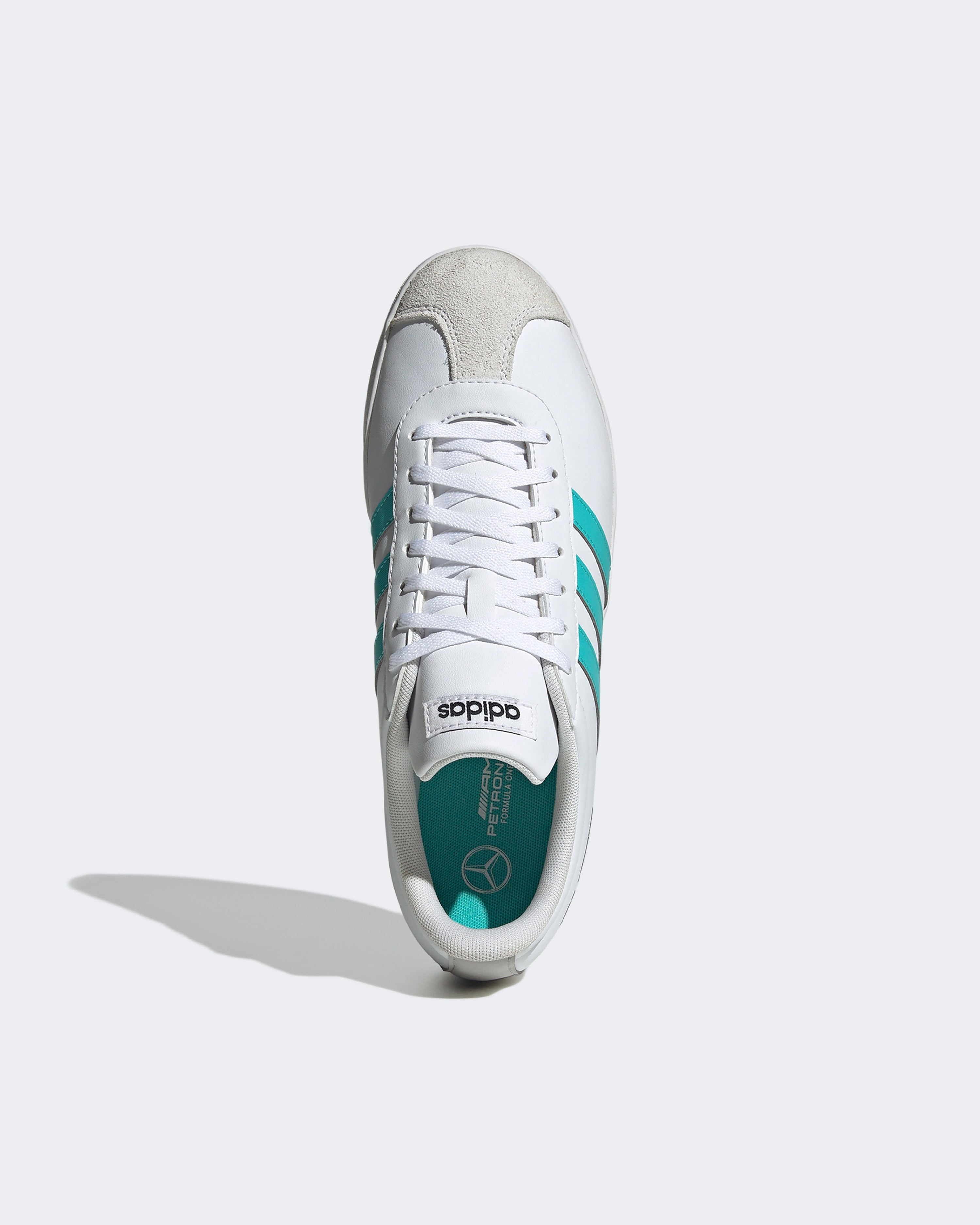 Vl Court Base Trainers White — close-up design detail showing Mercedes-AMG PETRONAS F1 styling and product details | Dash Racegear