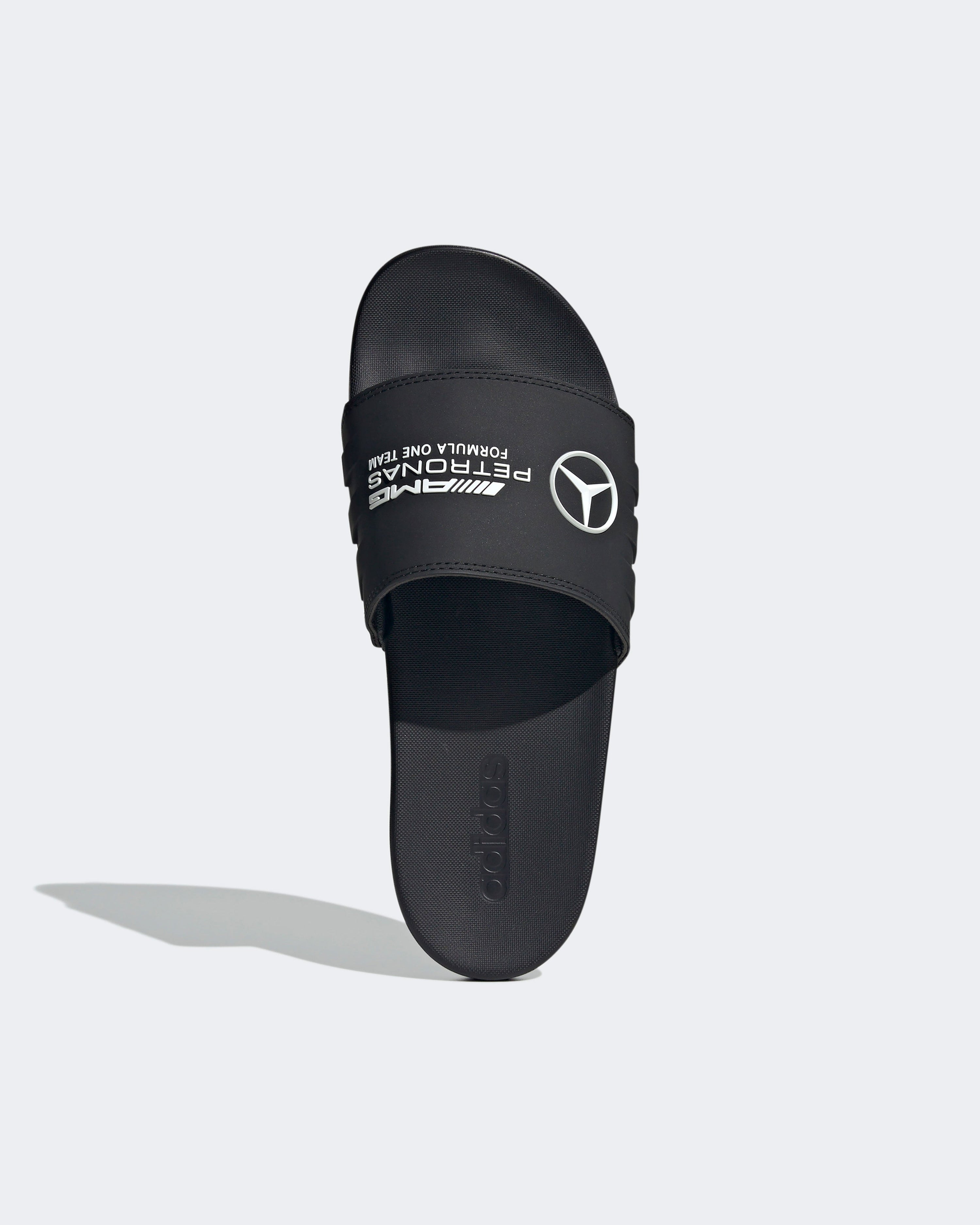 Adilette Comfort Slides Black — alternate product angle showing Mercedes-AMG PETRONAS F1 styling and product details | Dash Racegear
