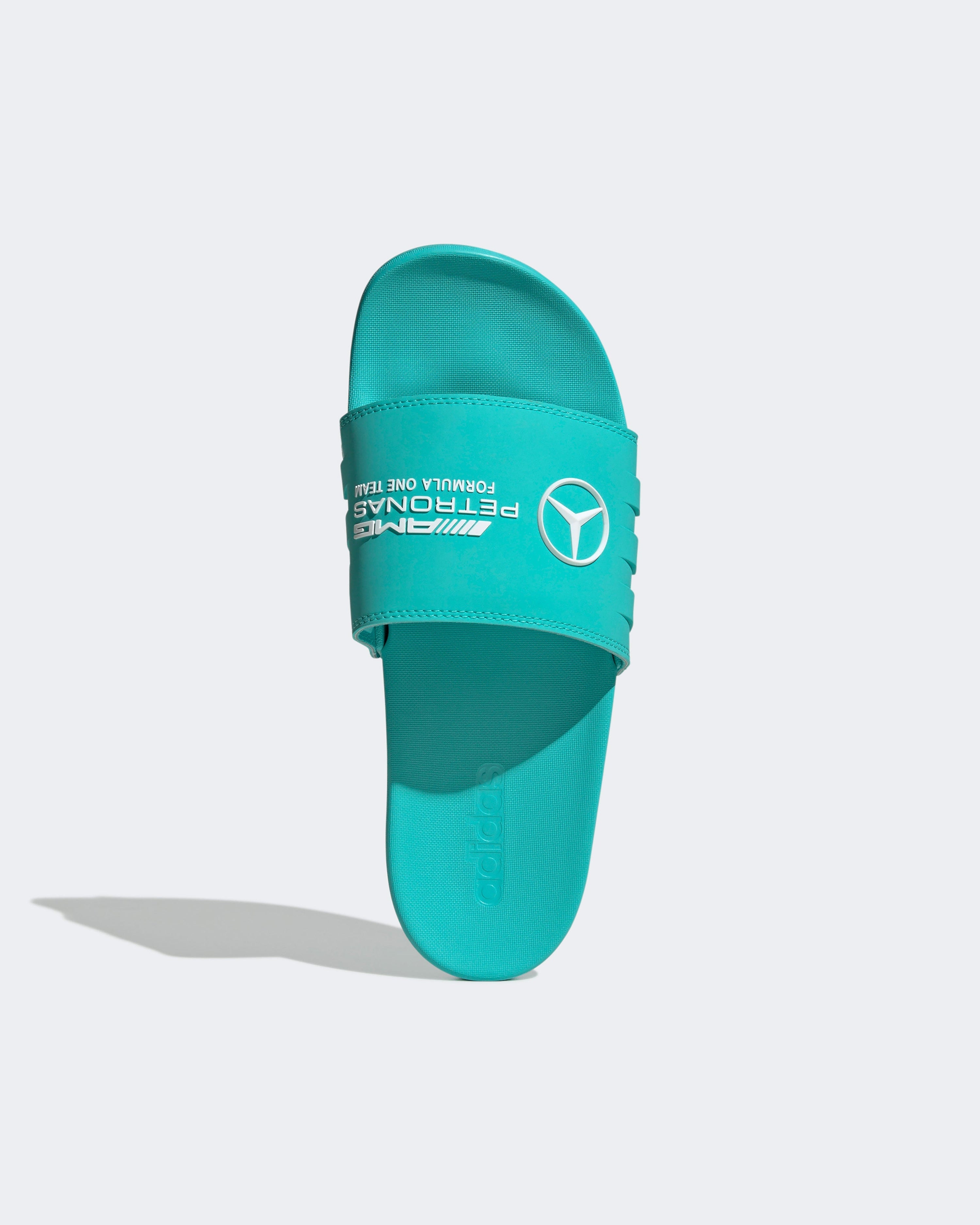 Adilette Comfort Slides Teal — alternate product angle showing Mercedes-AMG PETRONAS F1 styling and product details | Dash Racegear