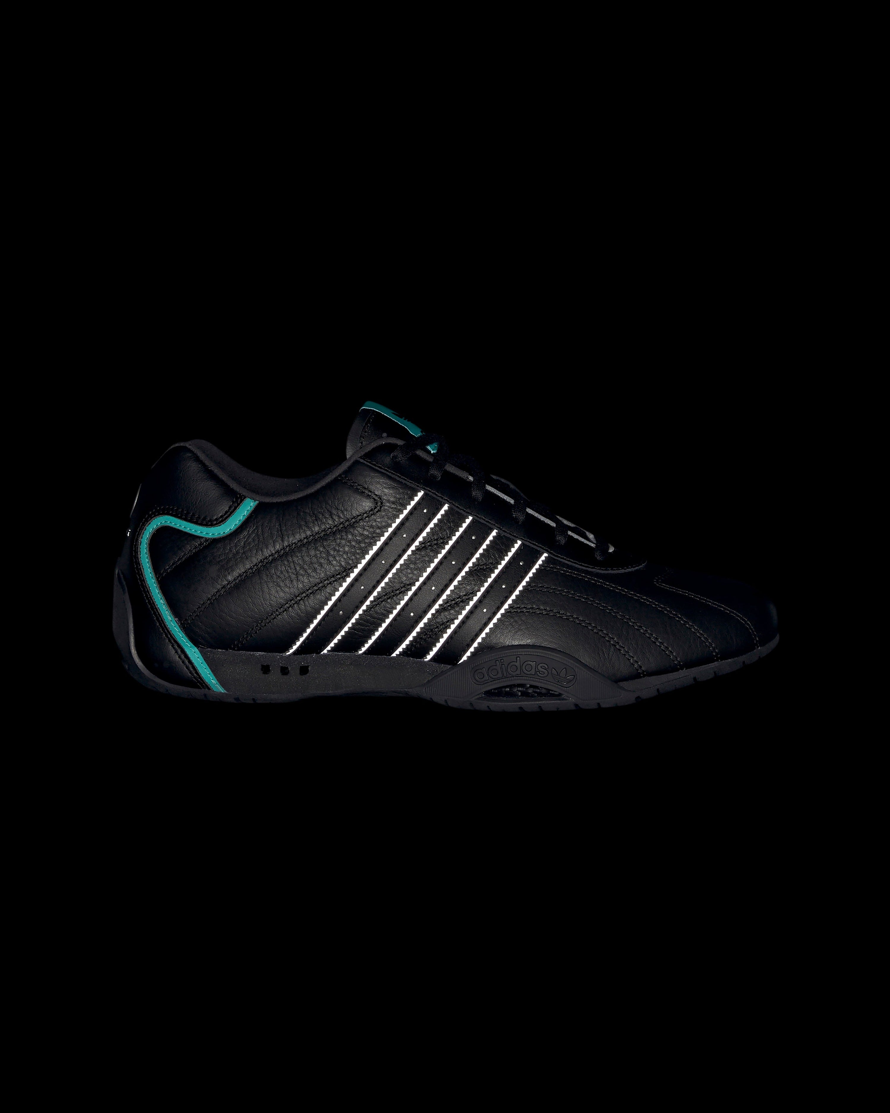 Adi Racer Lo Shoes Black — close-up design detail showing Mercedes-AMG PETRONAS F1 styling and product details | Dash Racegear