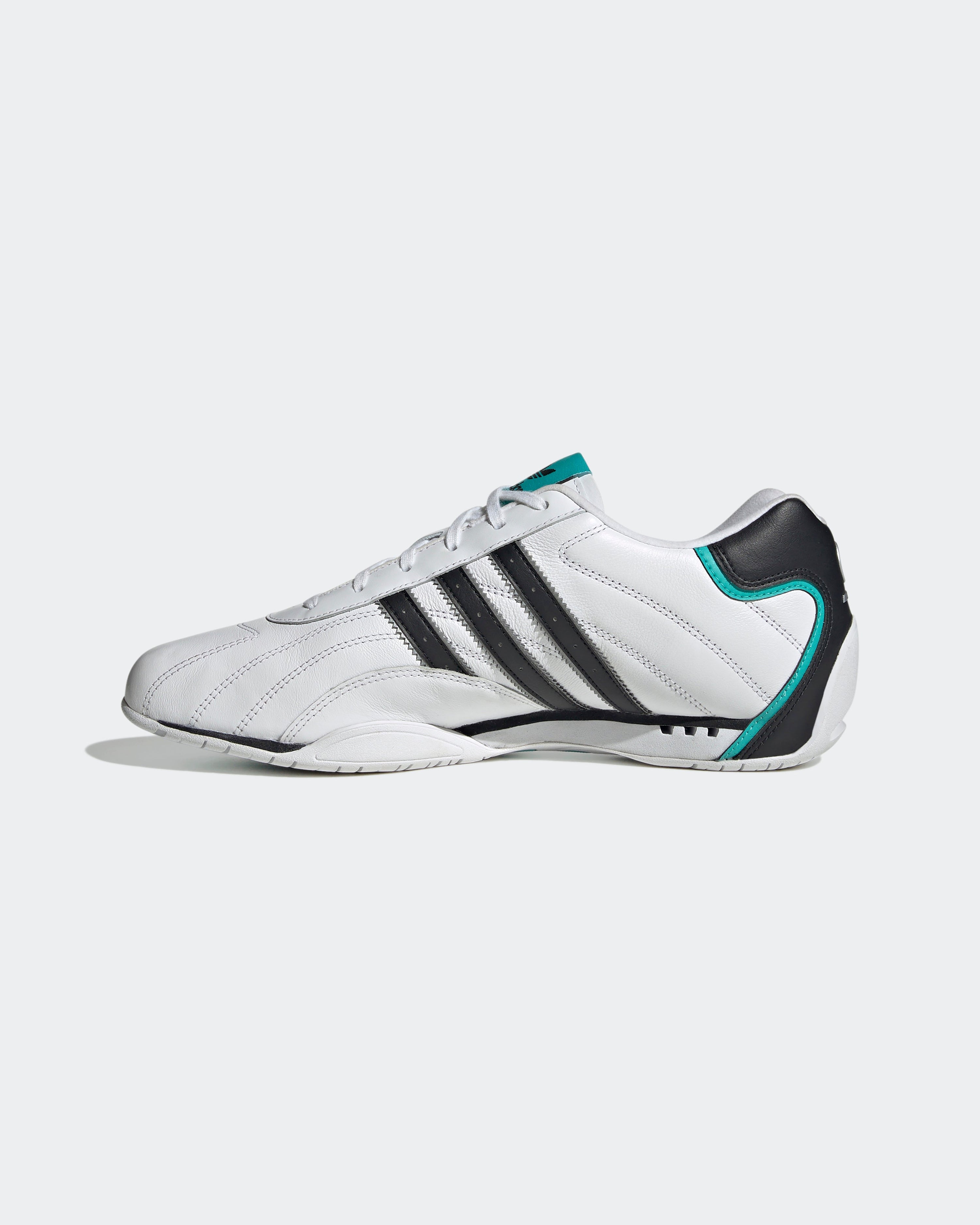 Adi Racer Lo Shoes White — close-up design detail showing Mercedes-AMG PETRONAS F1 styling and product details | Dash Racegear