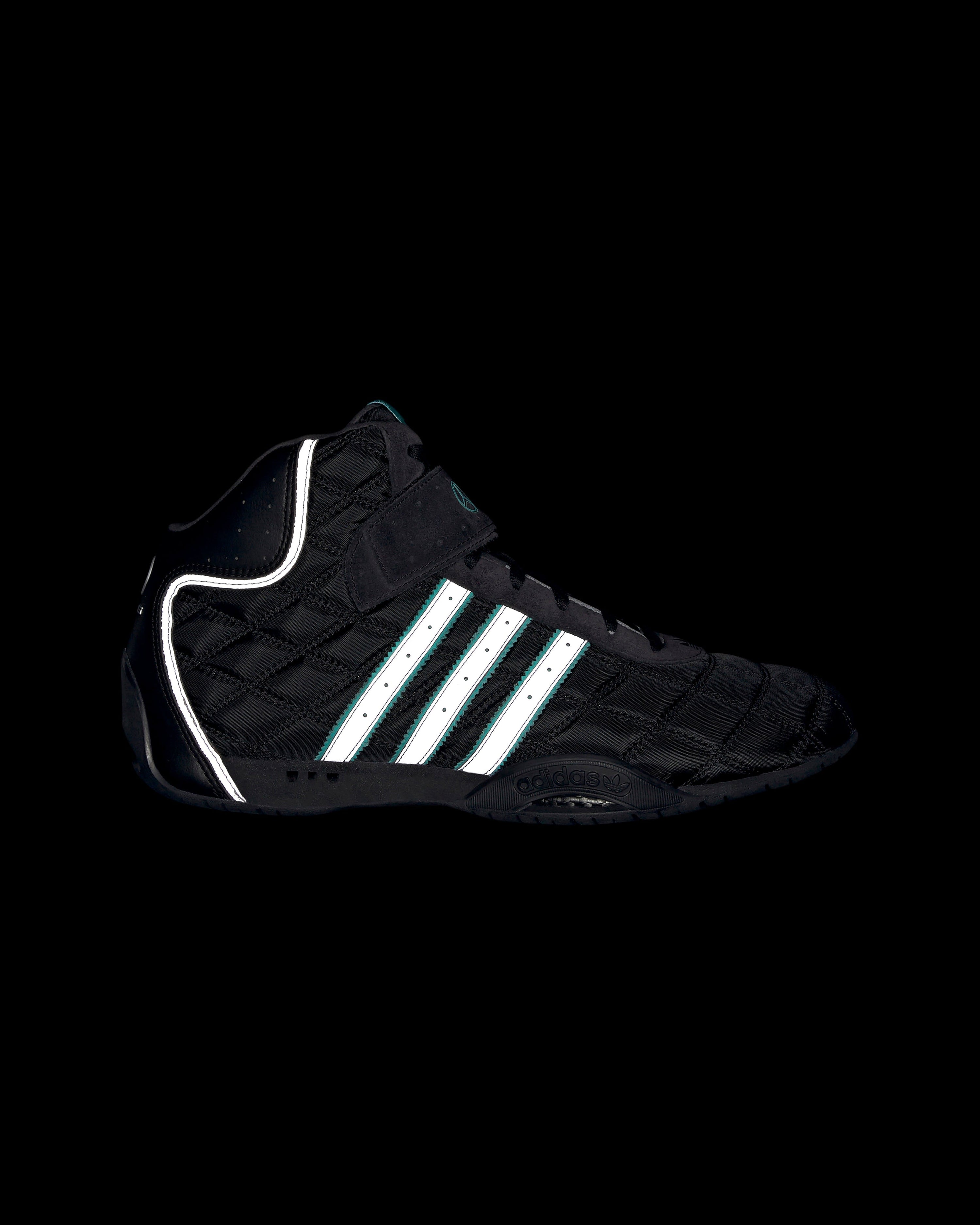Adi Racer Hi Shoes Black — close-up design detail showing Mercedes-AMG PETRONAS F1 styling and product details | Dash Racegear