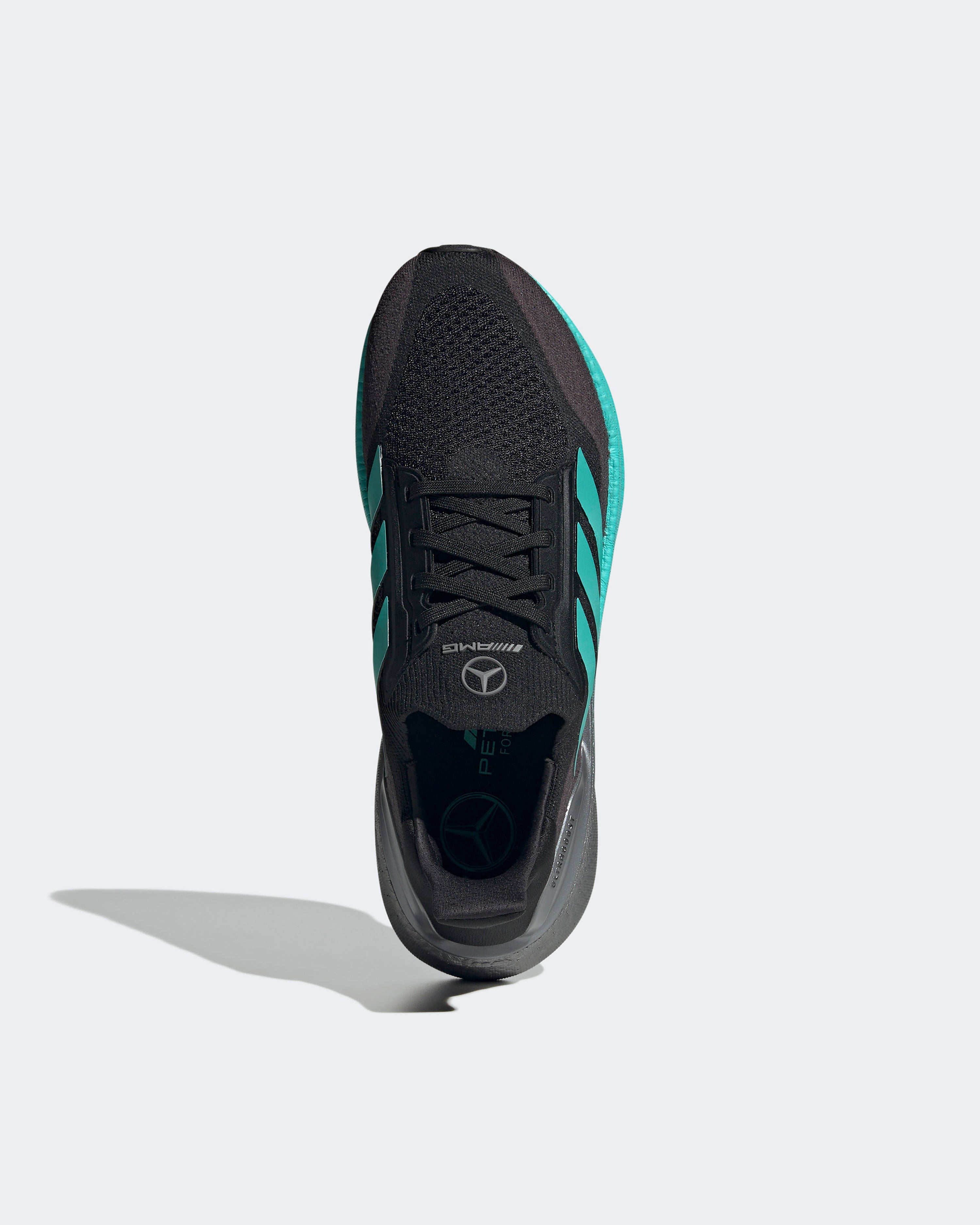 Mens Ultraboost 5X Trainer Black — close-up design detail showing Mercedes-AMG PETRONAS F1 styling and product details | Dash Racegear