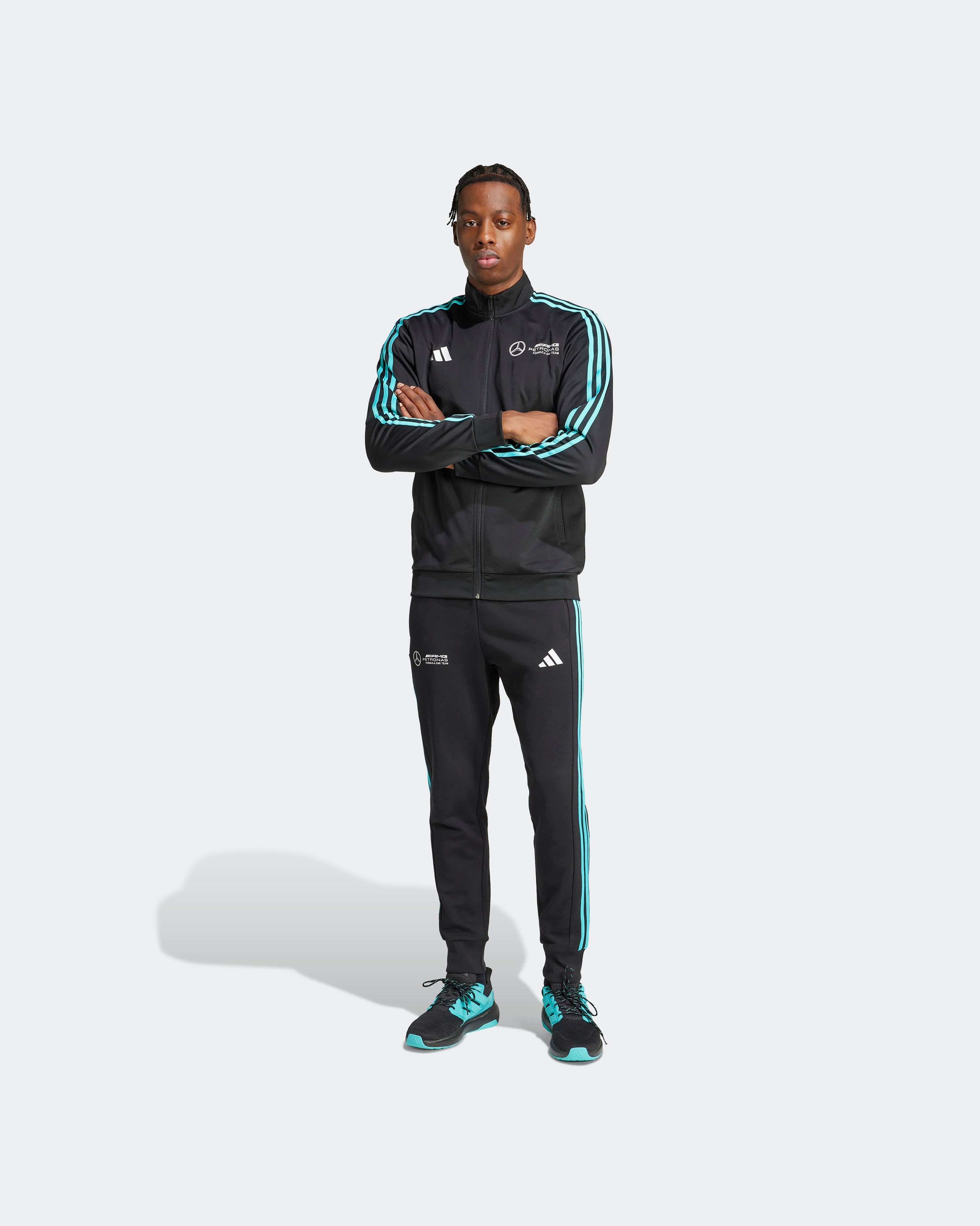 Mens DNA Track Top Black — close-up design detail showing Mercedes-AMG PETRONAS F1 styling and product details | Dash Racegear
