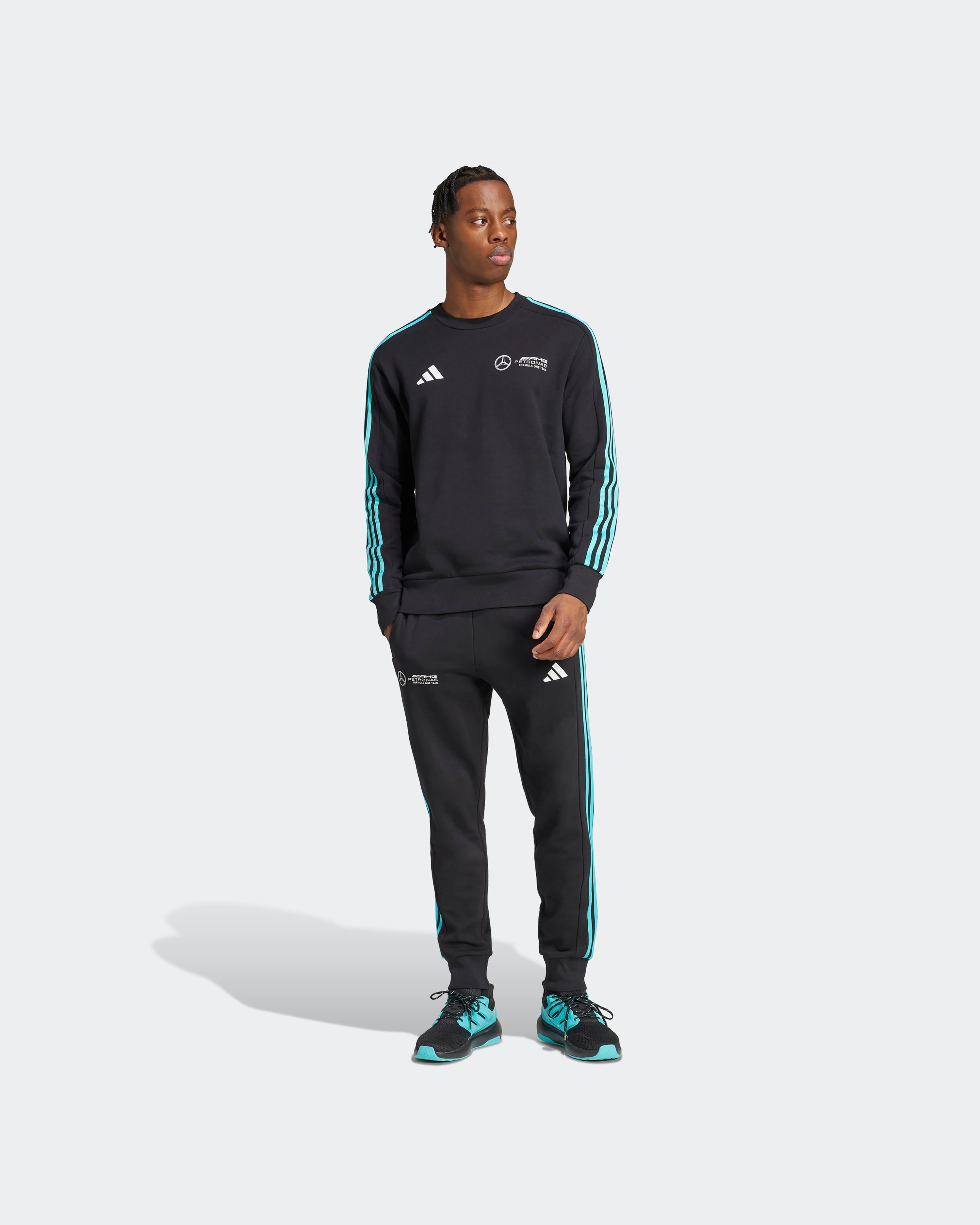 Mens DNA Joggers Black — close-up design detail showing Mercedes-AMG PETRONAS F1 styling and product details | Dash Racegear