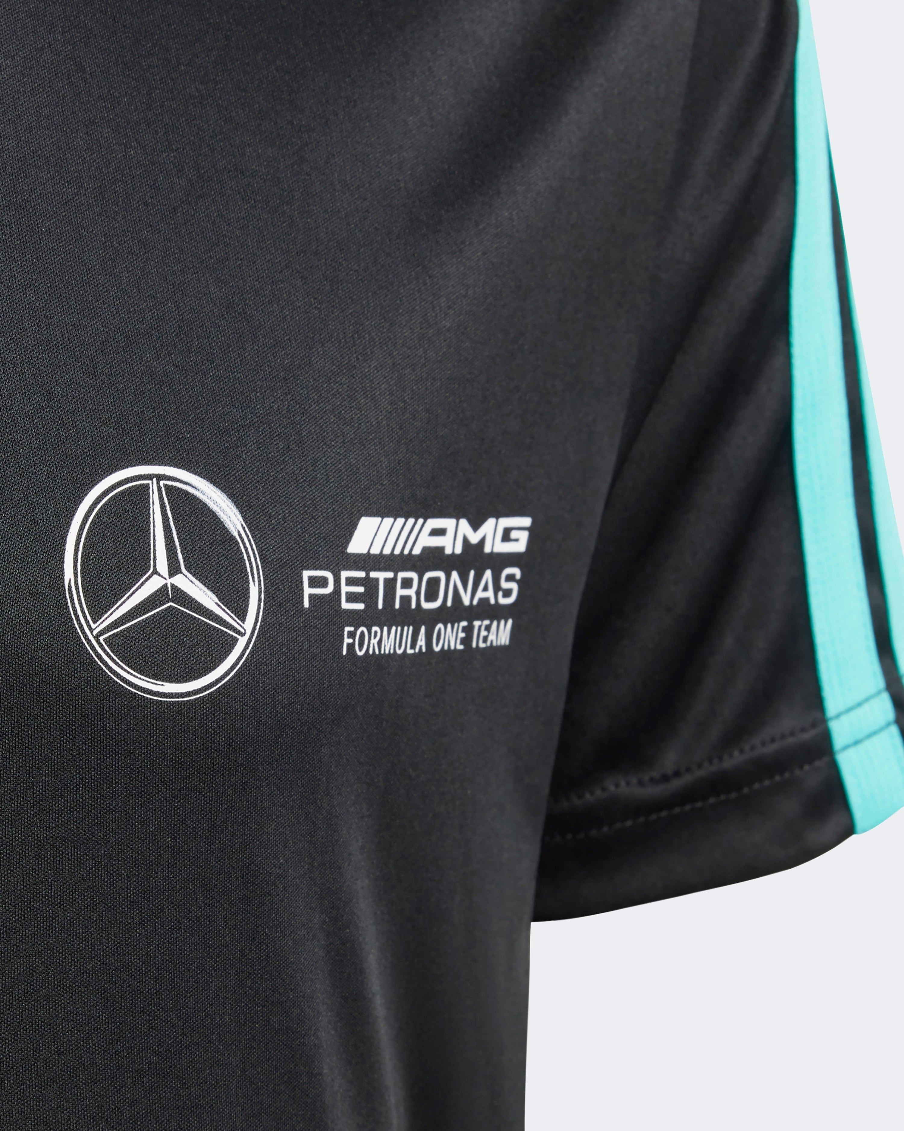 Kids DNA T-Shirt Black — close-up design detail showing Mercedes-AMG PETRONAS F1 styling and product details | Dash Racegear