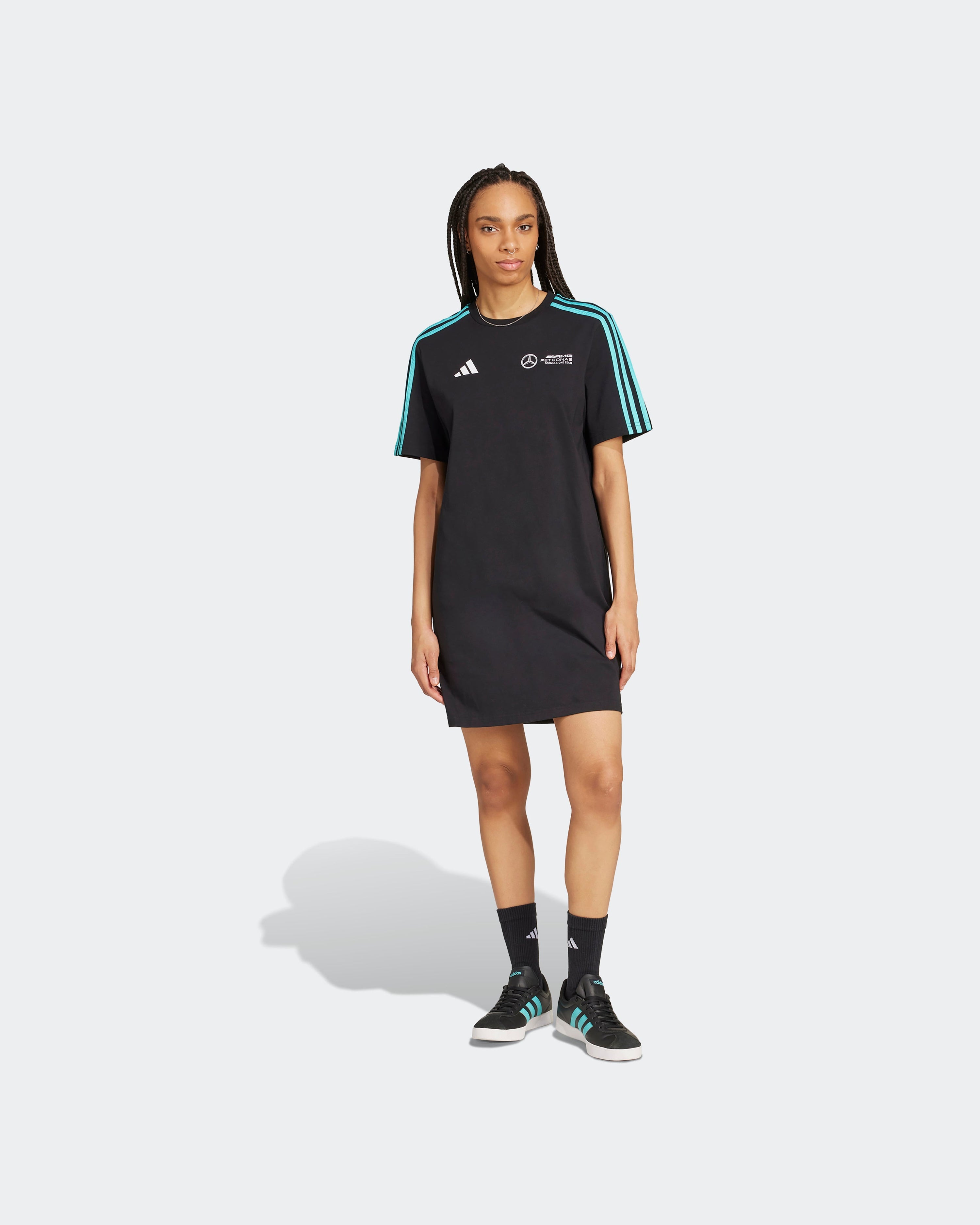 Womens DNA Tee Dress Black — primary product view showing Mercedes-AMG PETRONAS F1 styling and product details | Dash Racegear