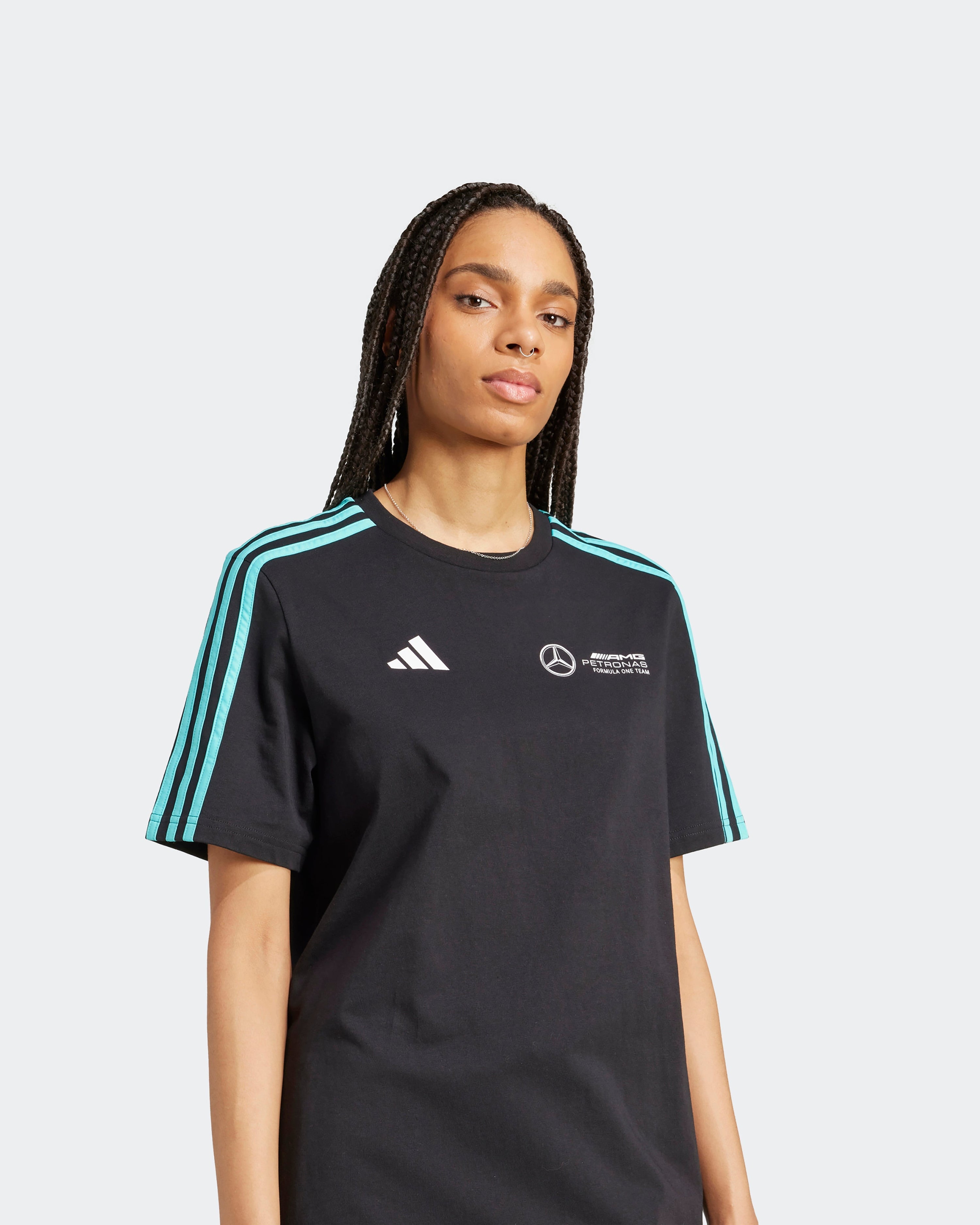 Womens DNA Tee Dress Black — close-up design detail showing Mercedes-AMG PETRONAS F1 styling and product details | Dash Racegear