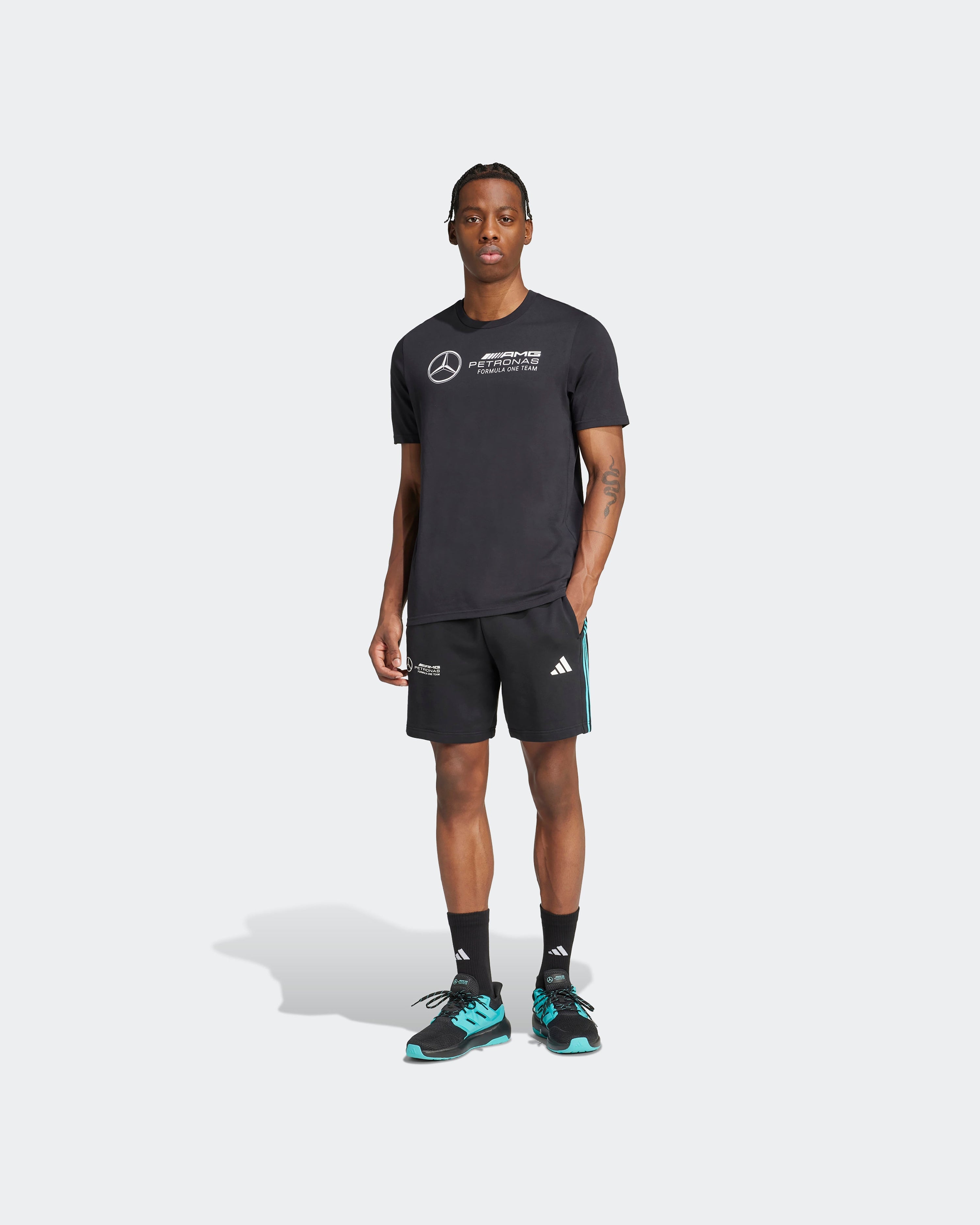 Mens DNA Shorts Black — close-up design detail showing Mercedes-AMG PETRONAS F1 styling and product details | Dash Racegear