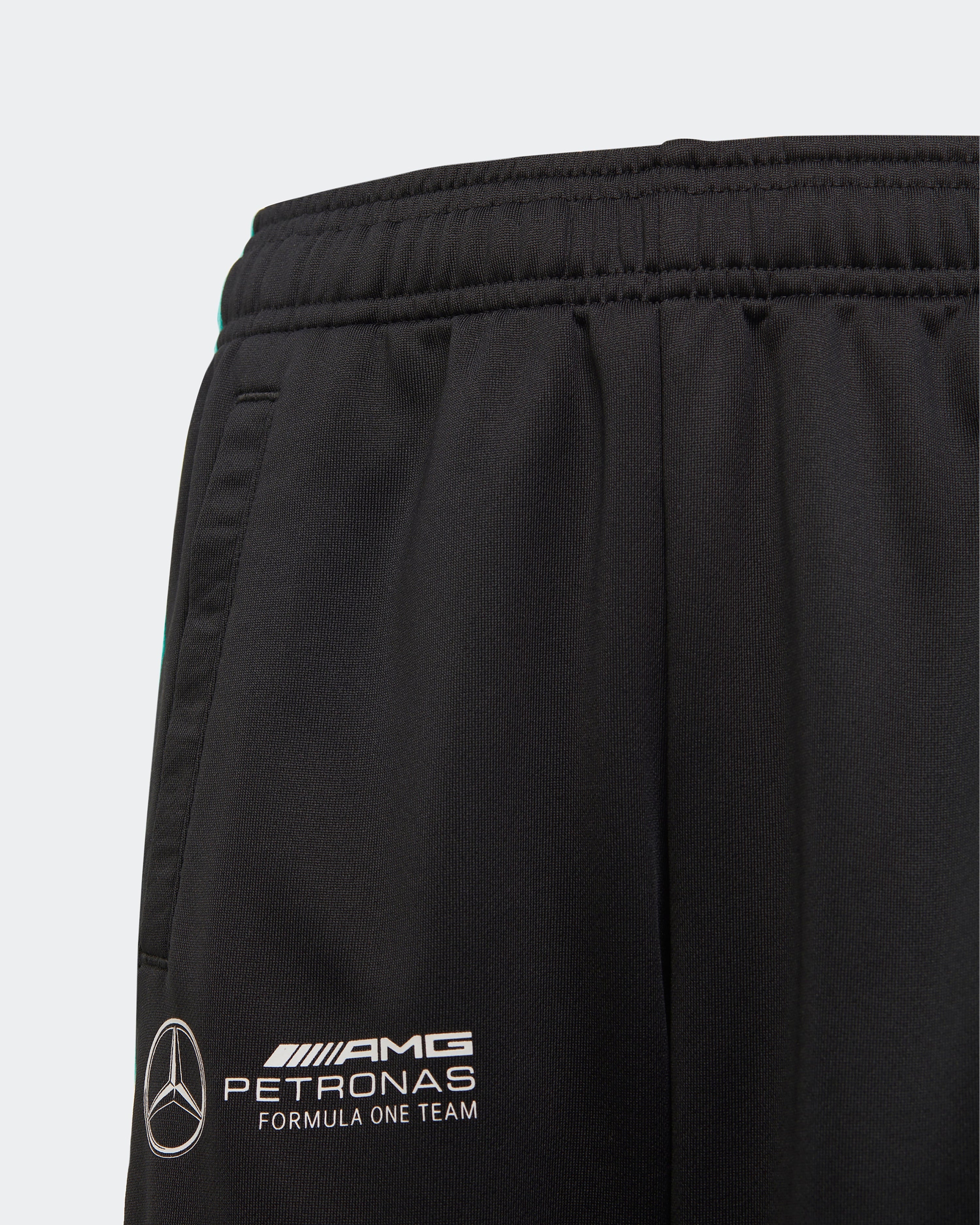 Kids DNA Joggers Black — close-up design detail showing Mercedes-AMG PETRONAS F1 styling and product details | Dash Racegear