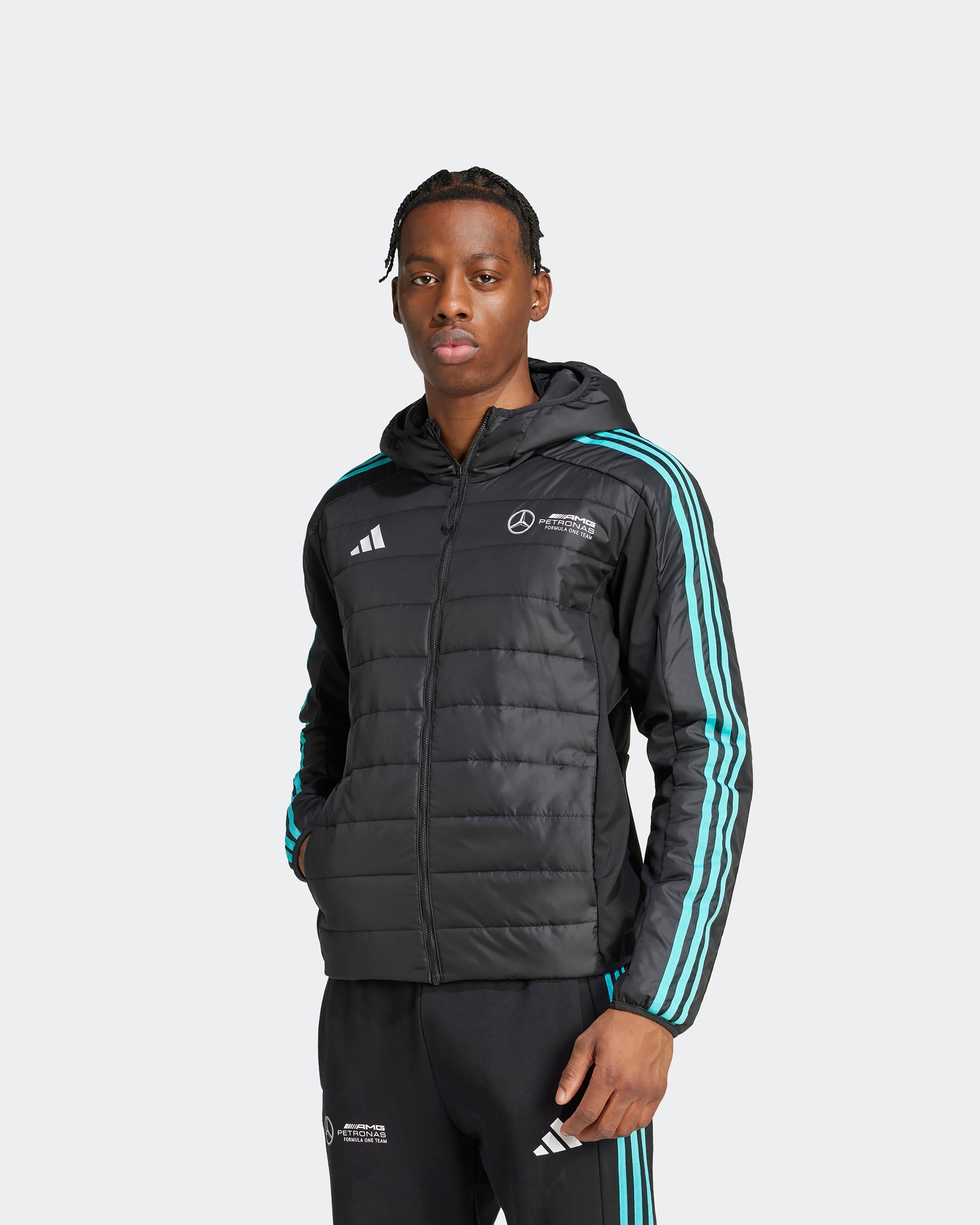 Mens DNA Puffer Jacket Black — primary product view showing Mercedes-AMG PETRONAS F1 styling and product details | Dash Racegear
