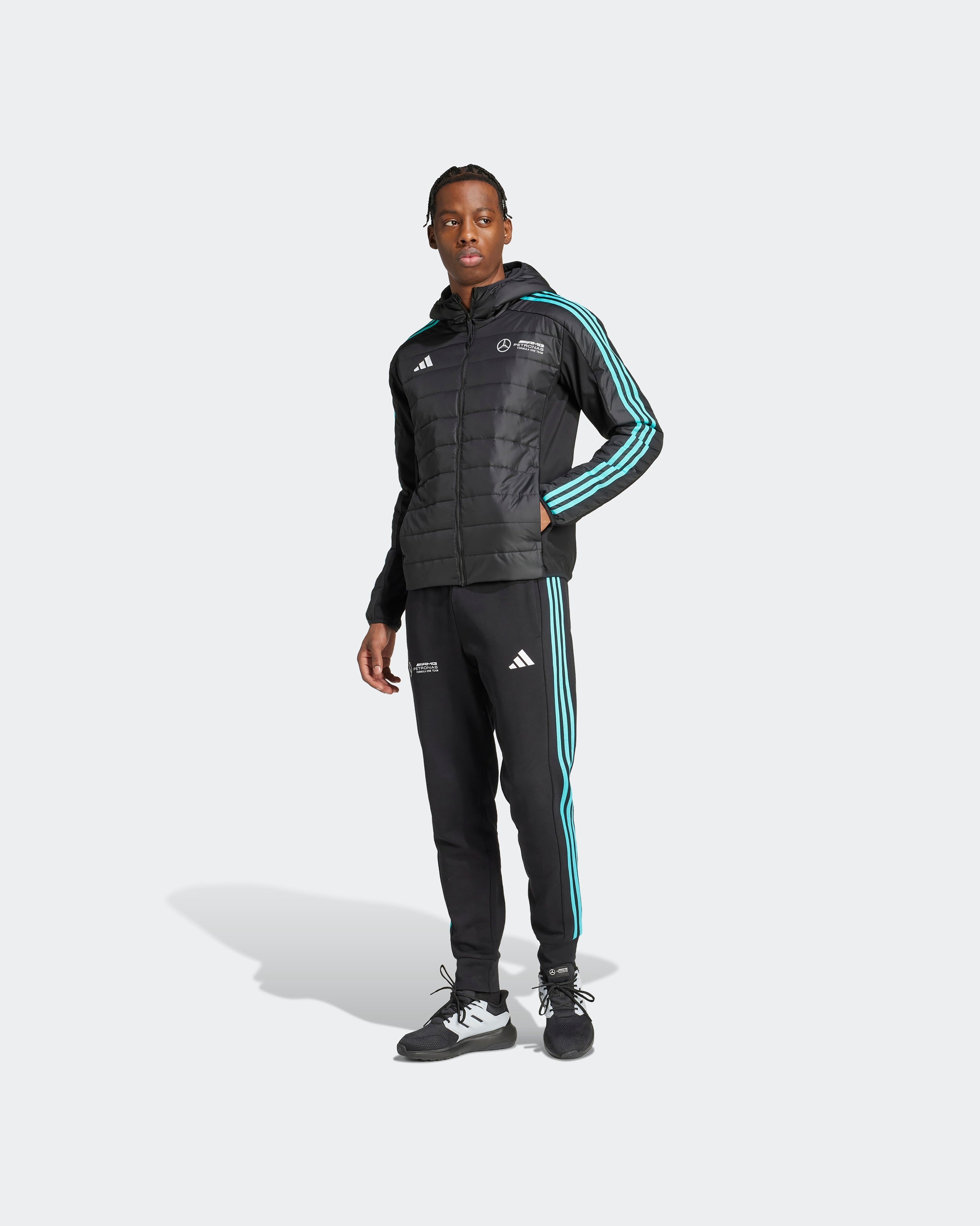 Mens DNA Puffer Jacket Black — close-up design detail showing Mercedes-AMG PETRONAS F1 styling and product details | Dash Racegear