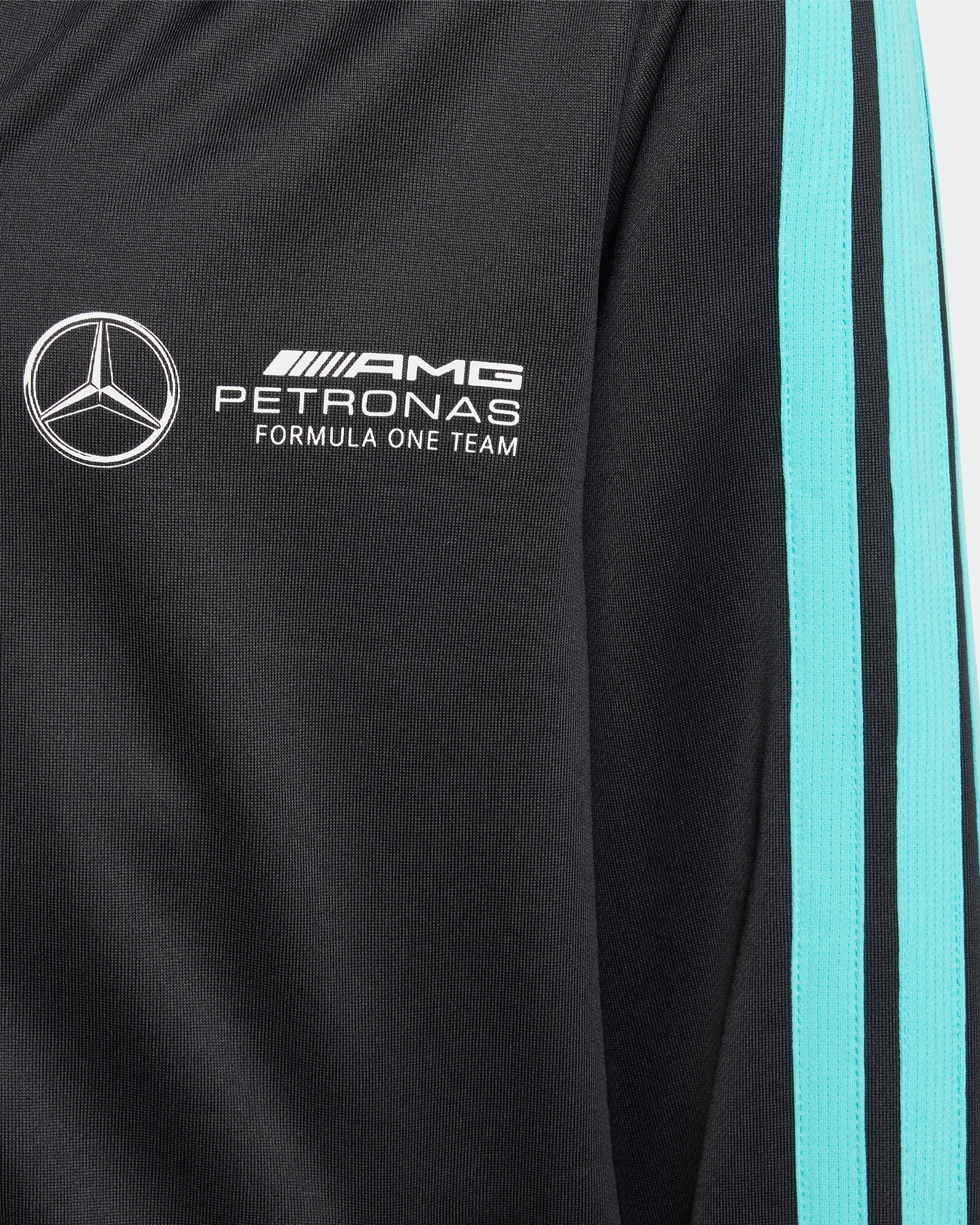 Kids DNA Full-Zip Hoody Black — close-up design detail showing Mercedes-AMG PETRONAS F1 styling and product details | Dash Racegear