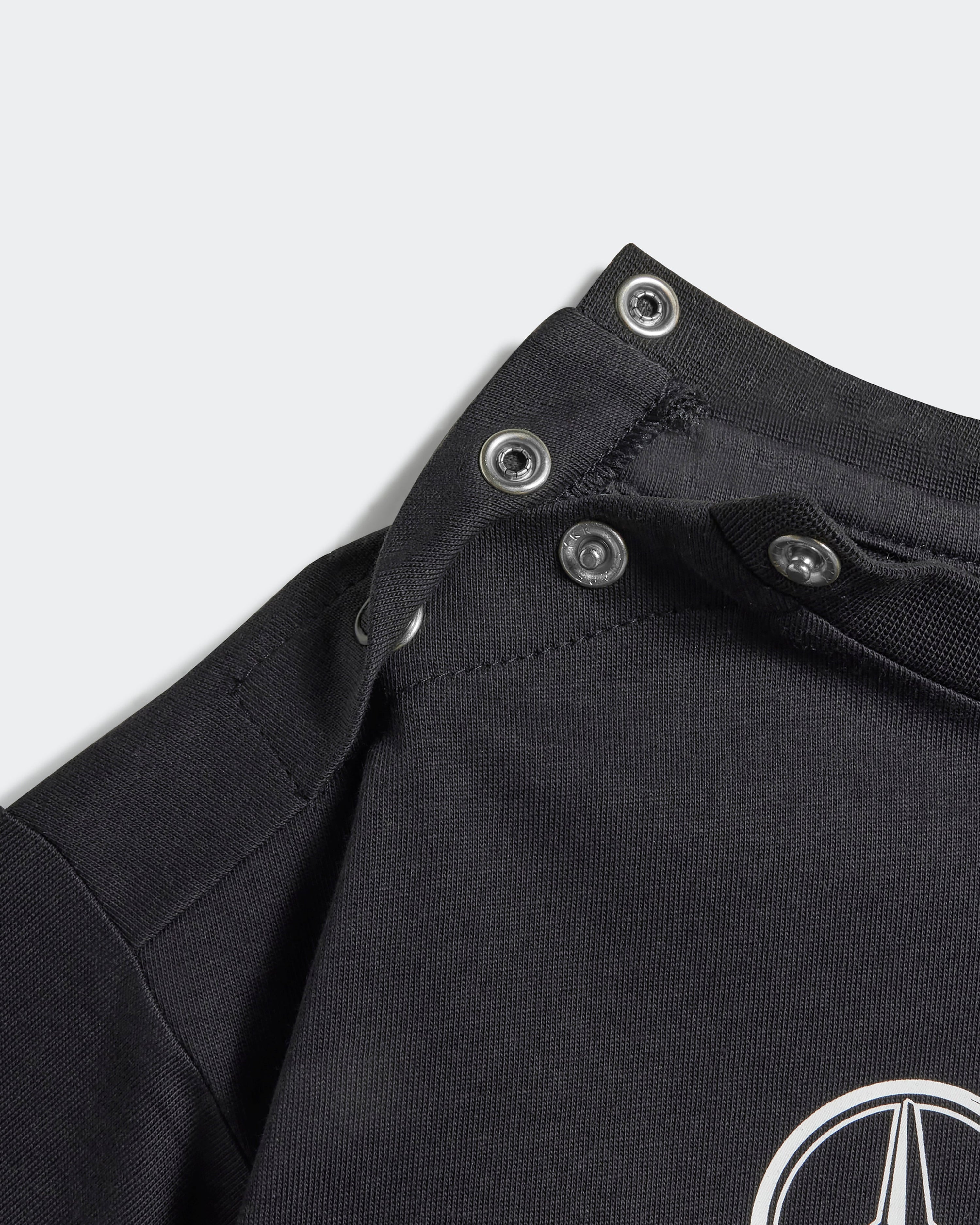 Kids DNA Short Sleeve Jogger Black — close-up design detail showing Mercedes-AMG PETRONAS F1 styling and product details | Dash Racegear