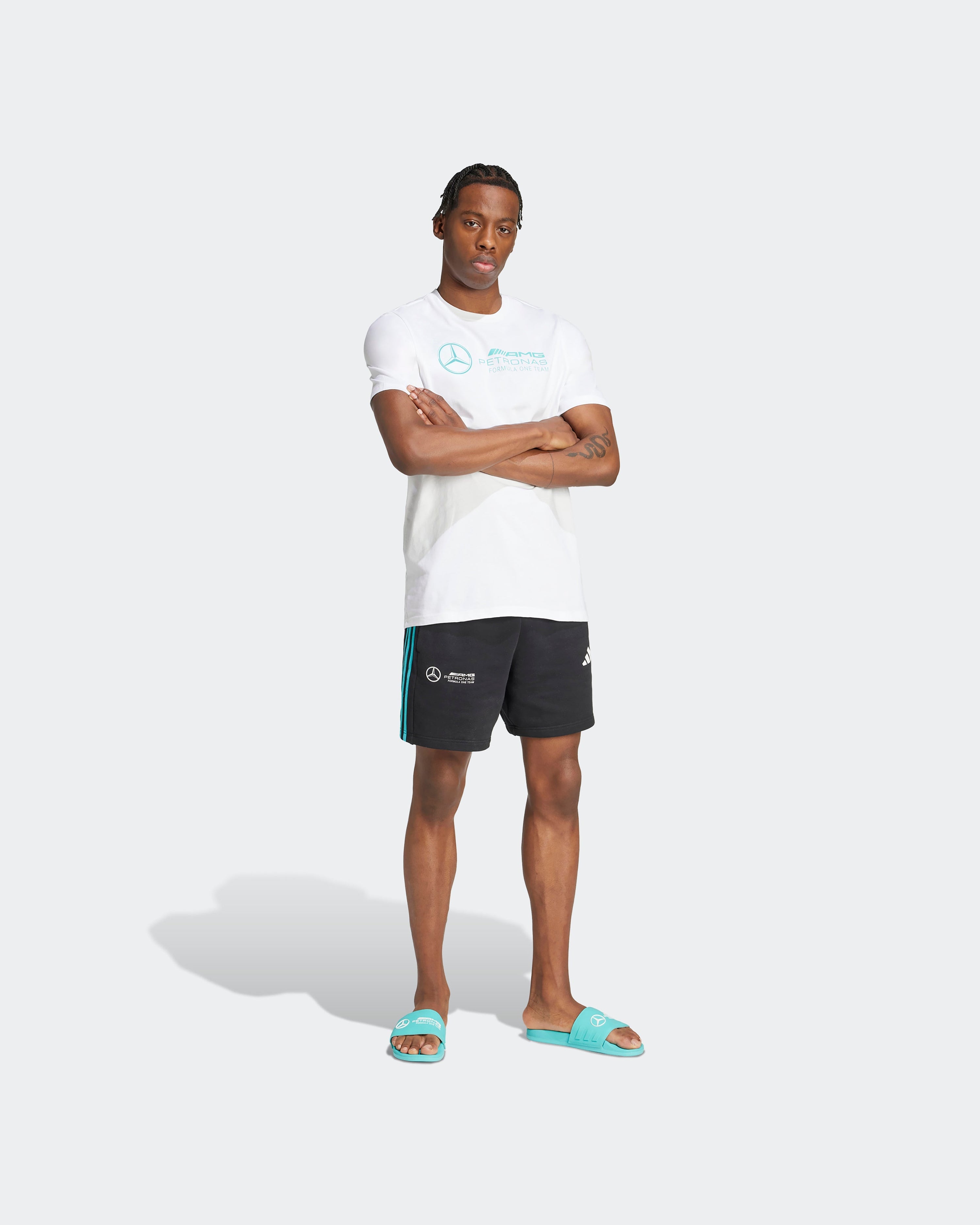 Mens DNA Graphic T-Shirt White — close-up design detail showing Mercedes-AMG PETRONAS F1 styling and product details | Dash Racegear