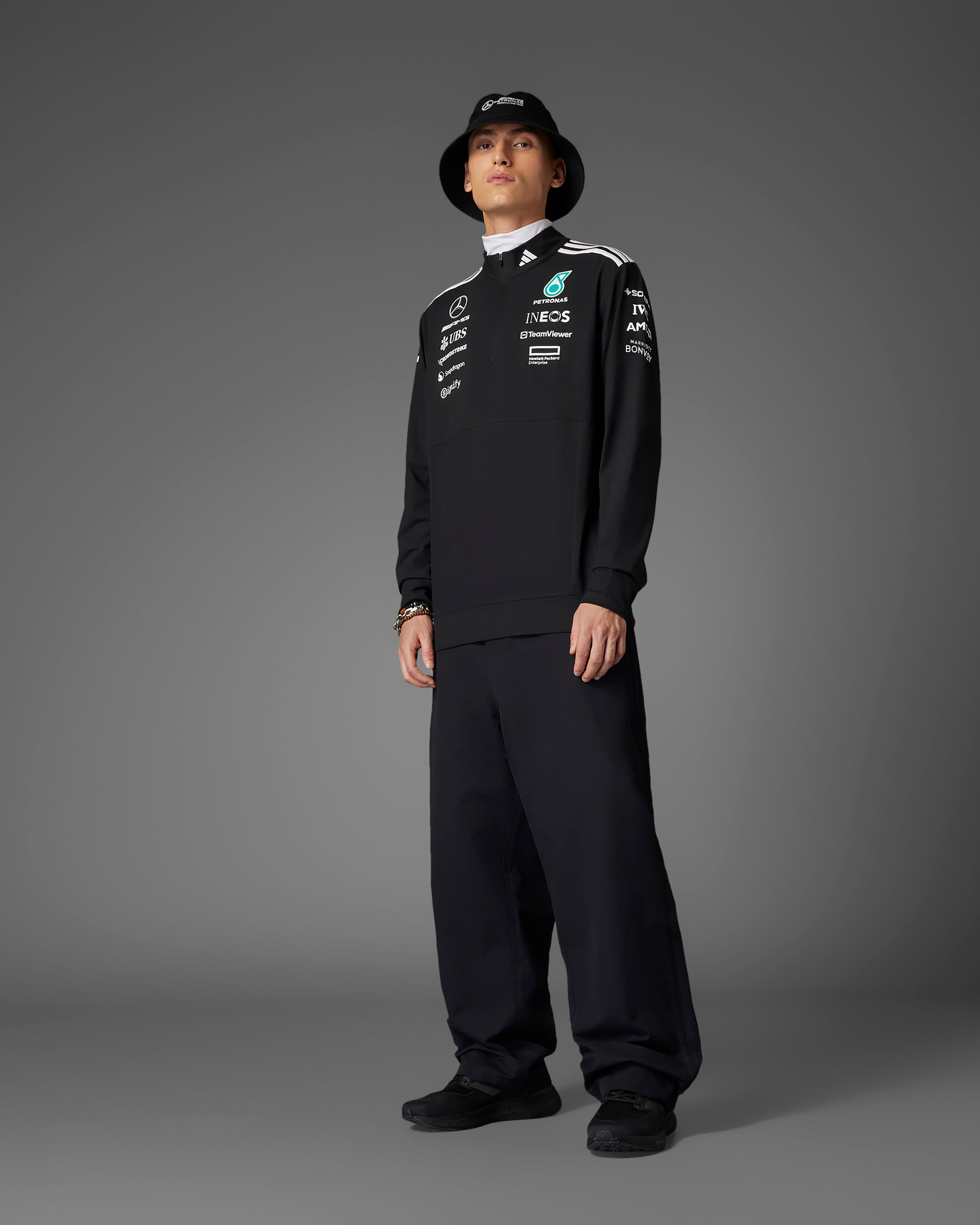 Mens 2025 Team Quarter Zip Black — alternate product angle showing Mercedes-AMG PETRONAS F1 styling and product details | Dash Racegear