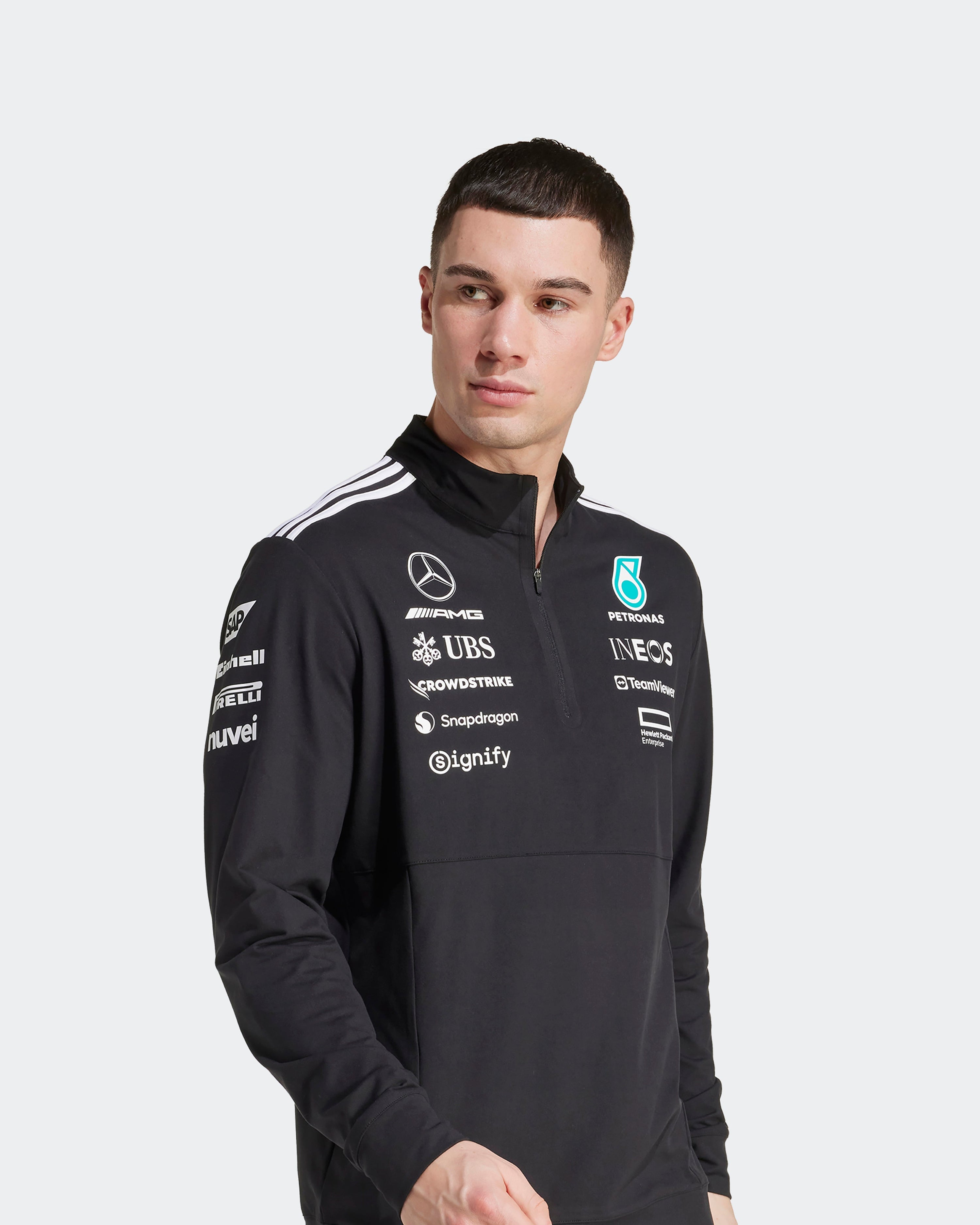 Mens 2025 Team Quarter Zip Black — additional product detail showing Mercedes-AMG PETRONAS F1 styling and product details | Dash Racegear