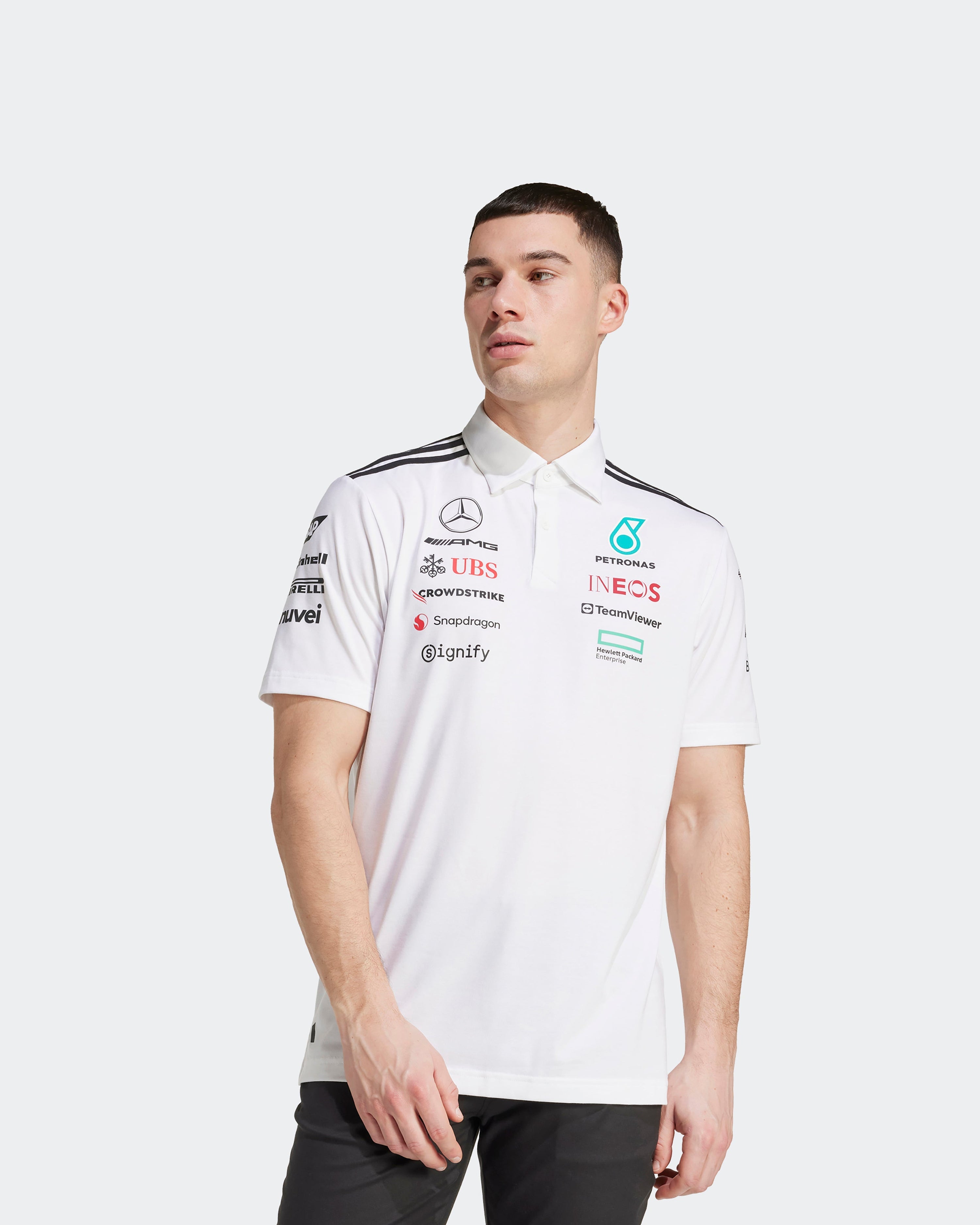 Mens 2025 Team Polo White — primary product view showing Mercedes-AMG PETRONAS F1 styling and product details | Dash Racegear