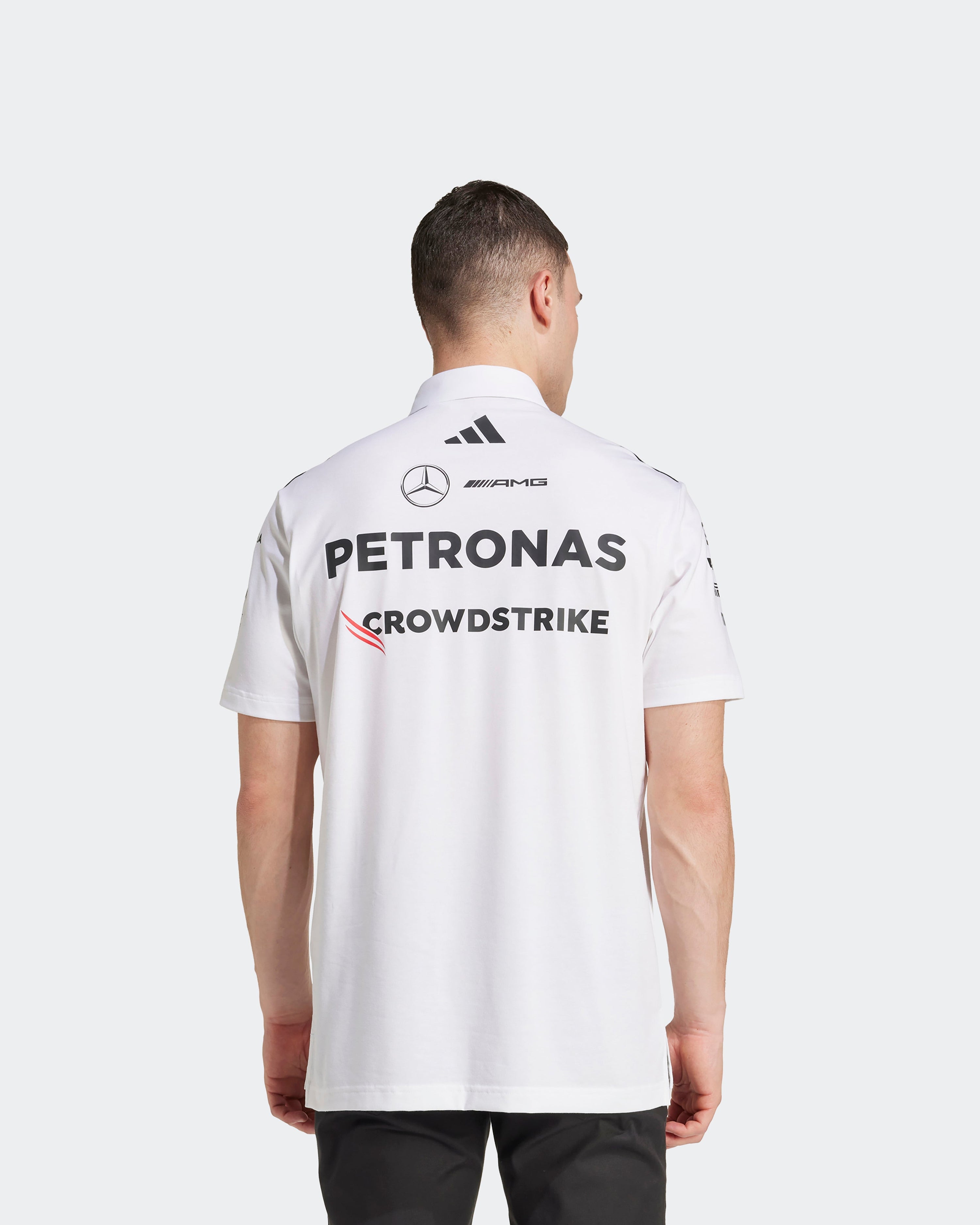 Mens 2025 Team Polo White — alternate product angle showing Mercedes-AMG PETRONAS F1 styling and product details | Dash Racegear