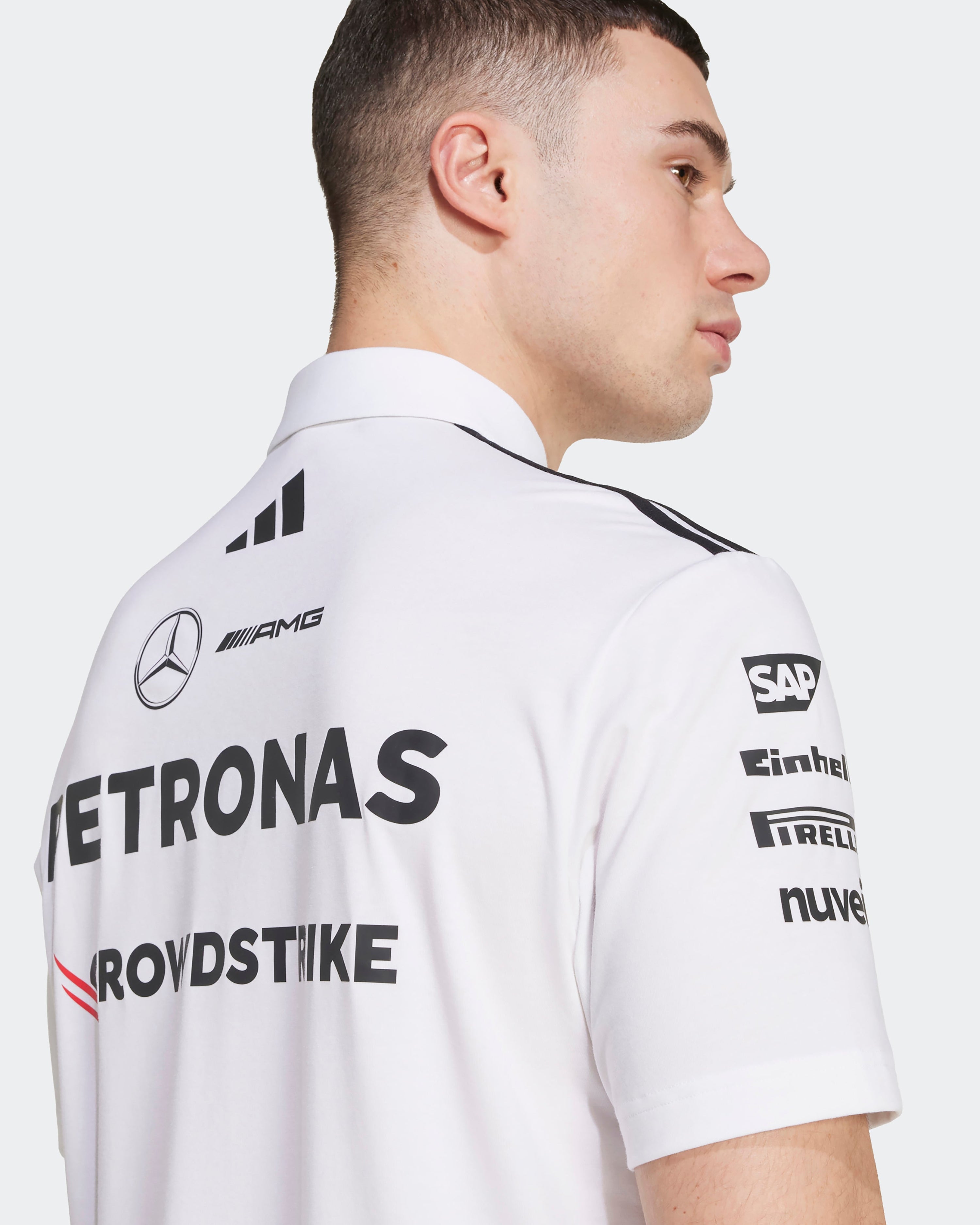 Mens 2025 Team Polo White — additional product detail showing Mercedes-AMG PETRONAS F1 styling and product details | Dash Racegear